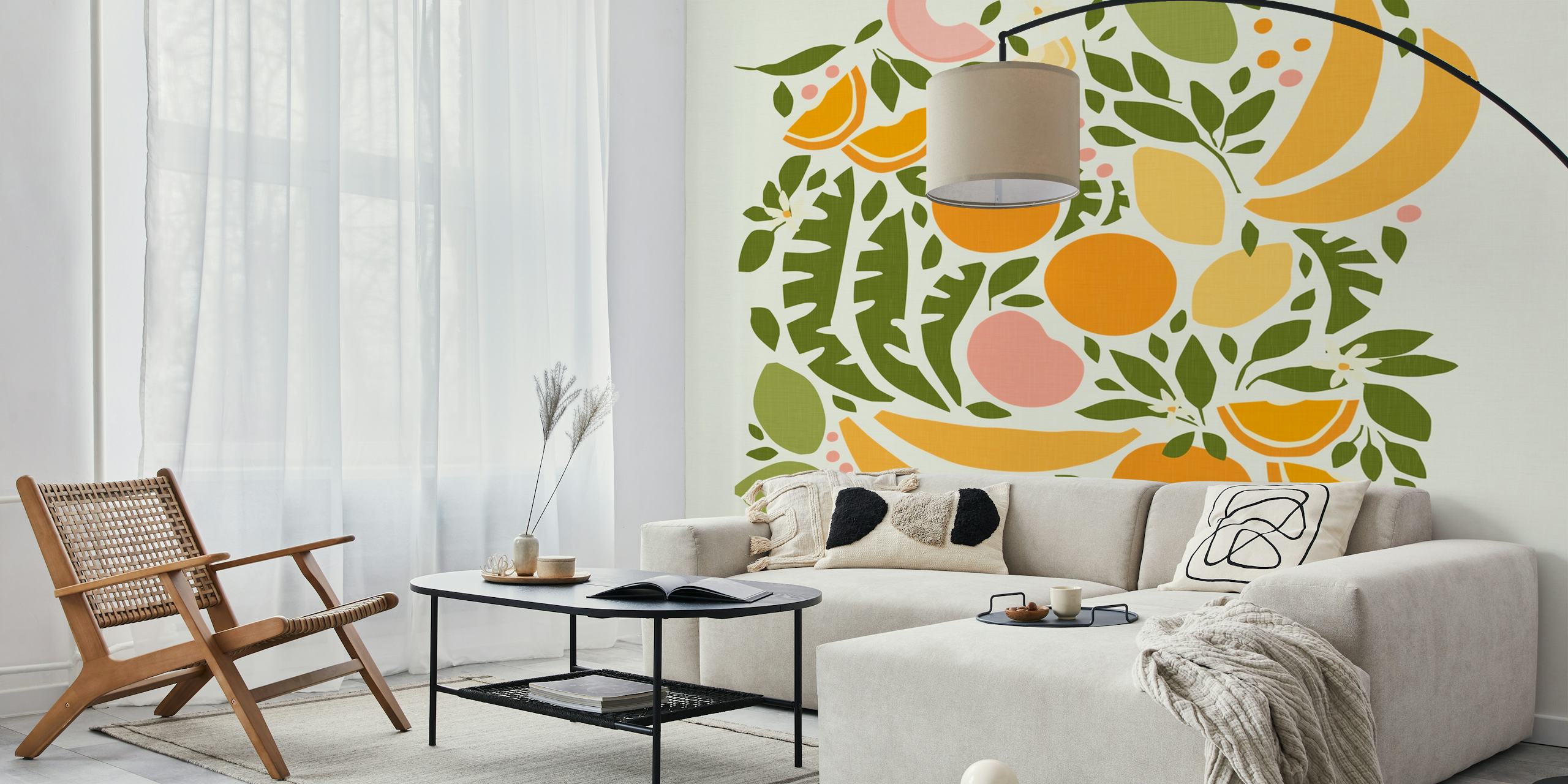 Colorful fruit and leaf patterns in orange, pink, and green wallpaper