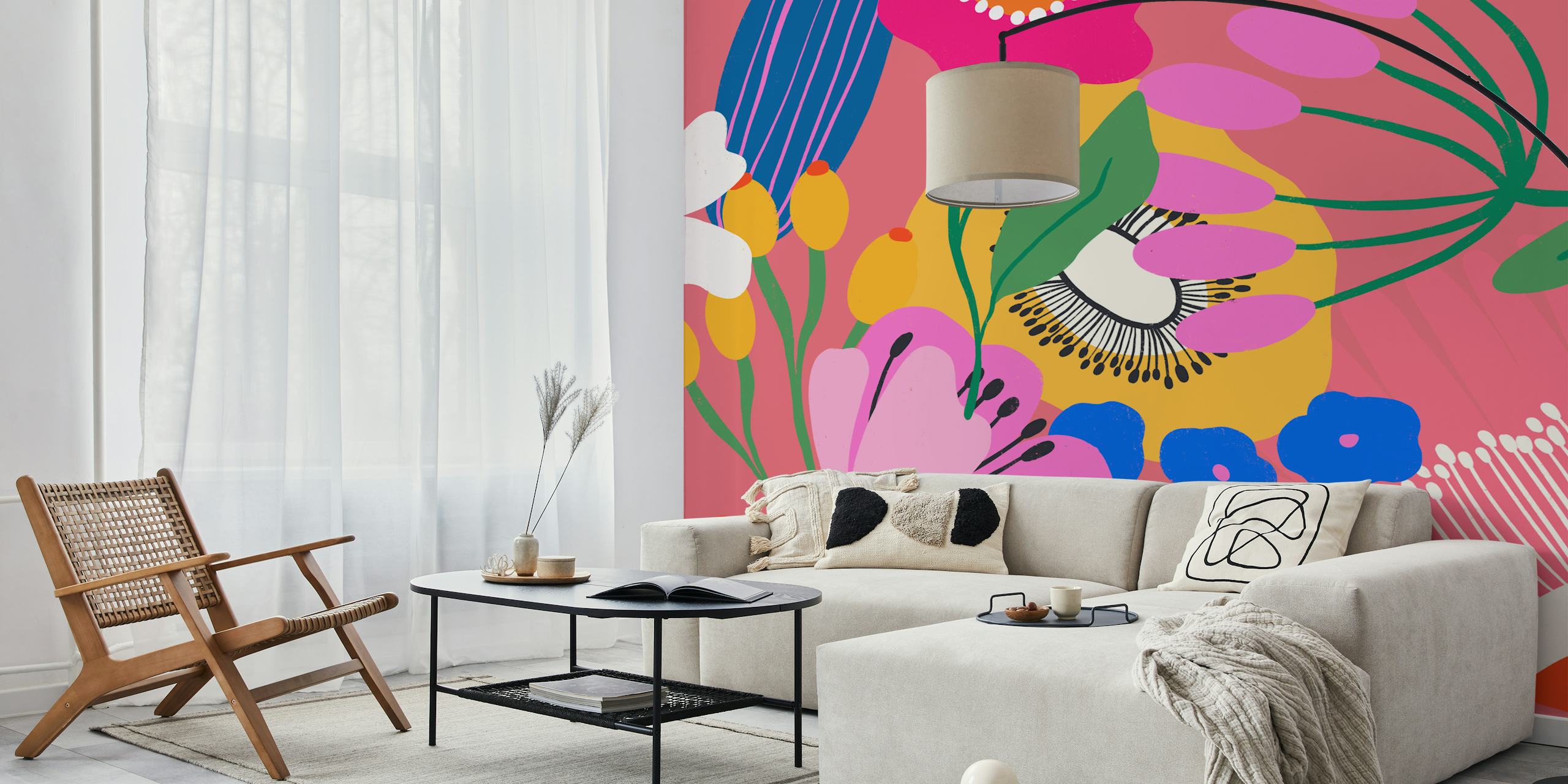 Colorful floral design with pink, blue, and yellow flowers wallpaper