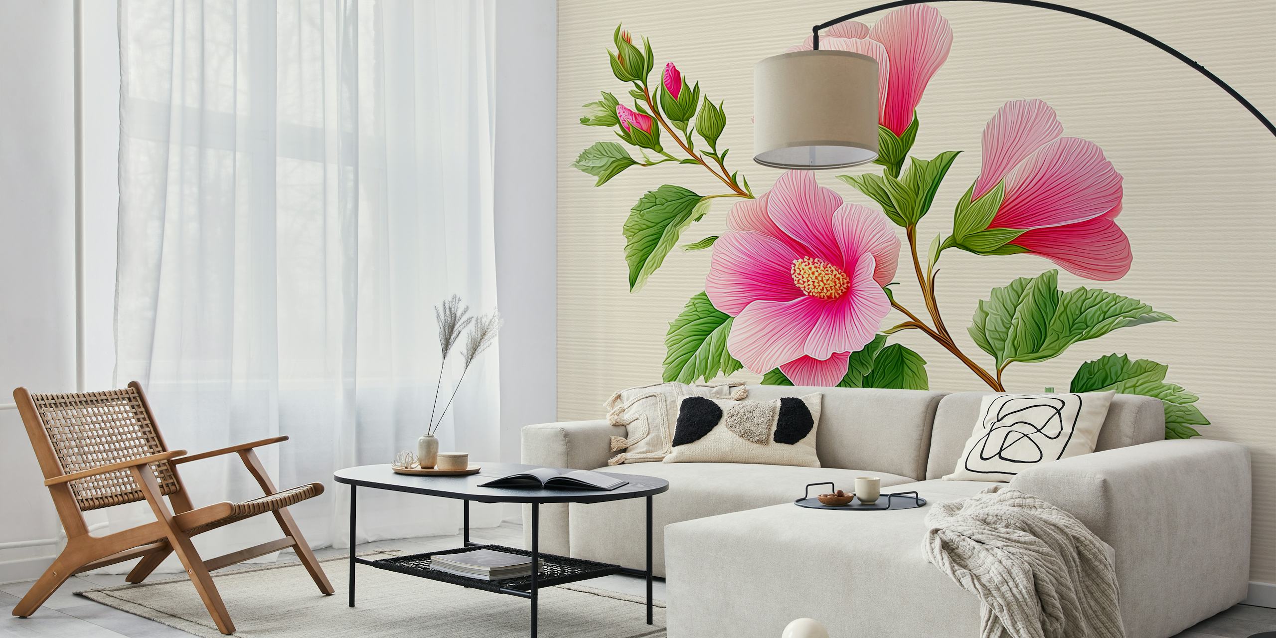 Ταπετσαρία Pink Hibiscus σε ρύθμιση δωματίου