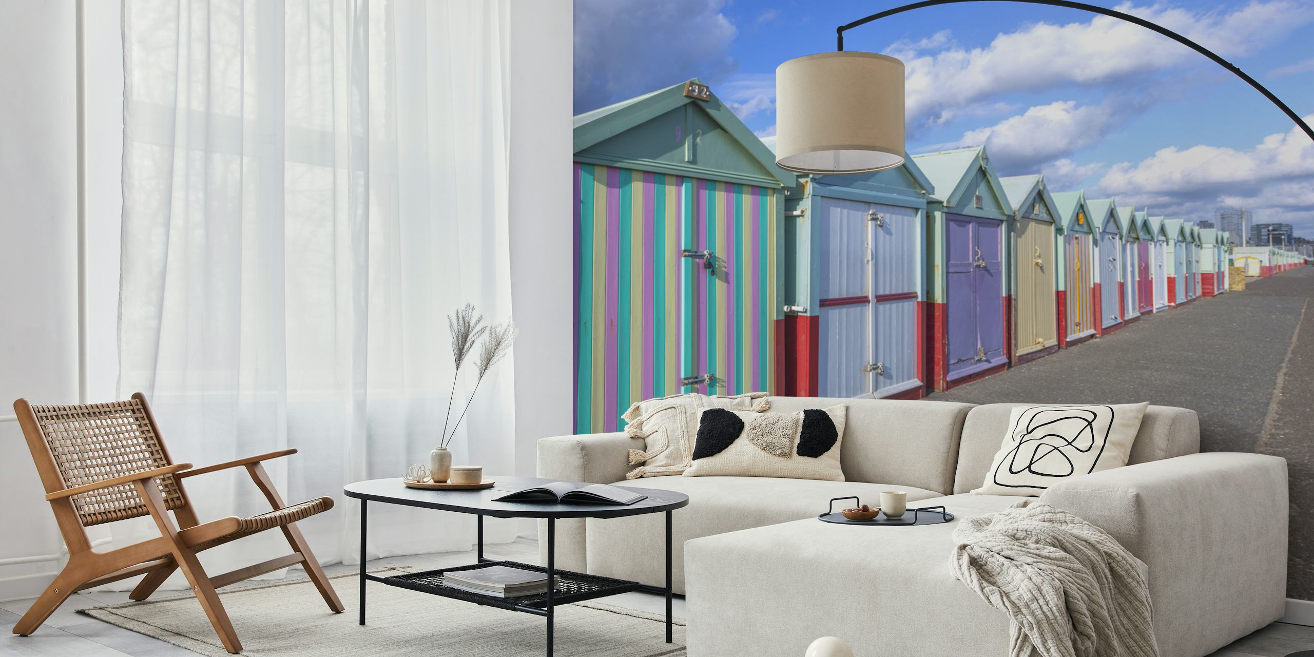 Colorful beach huts with striped patterns in pastel shades wallpaper
