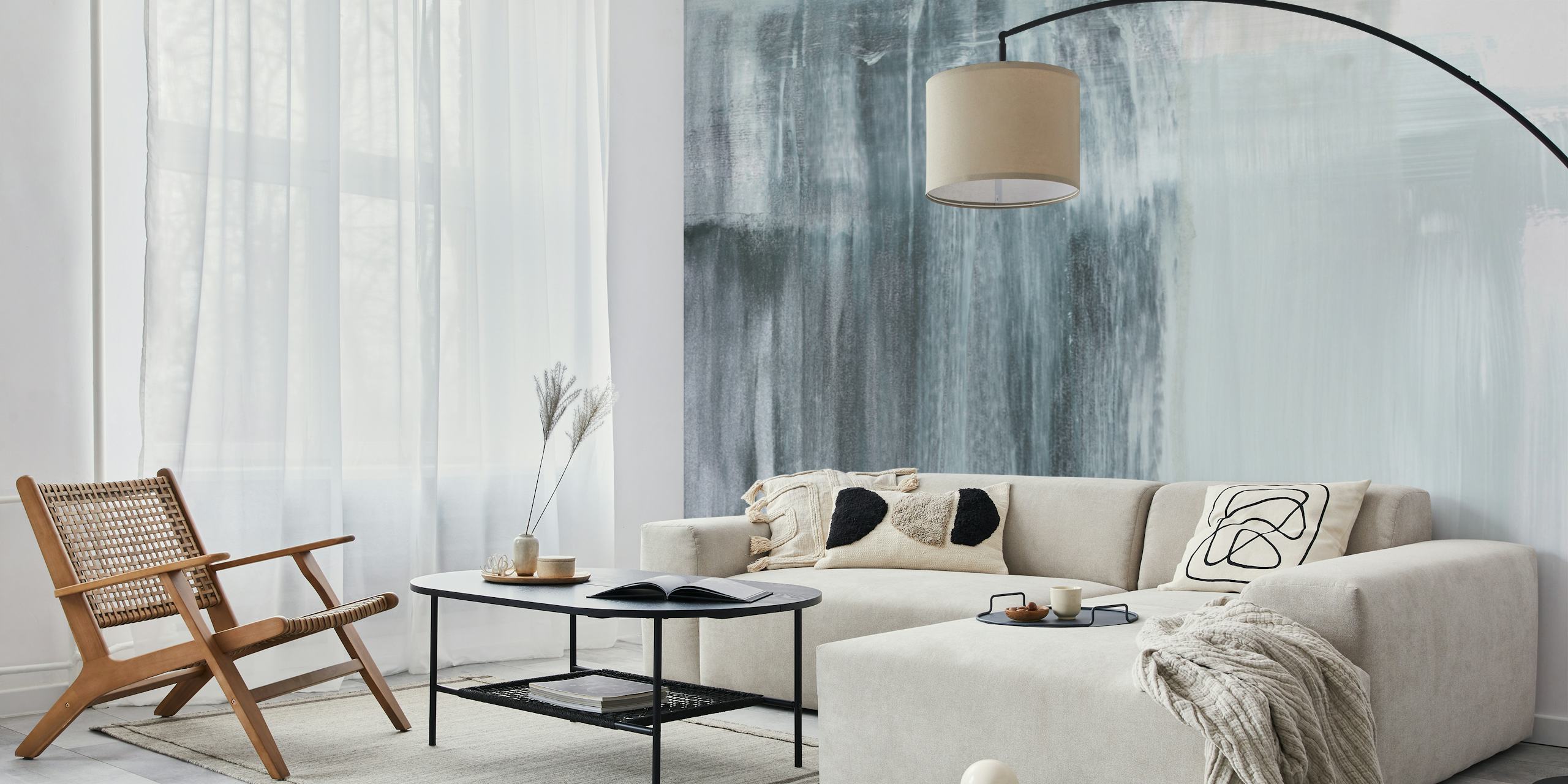 Abstract brush strokes in grey and blue tones wallpaper