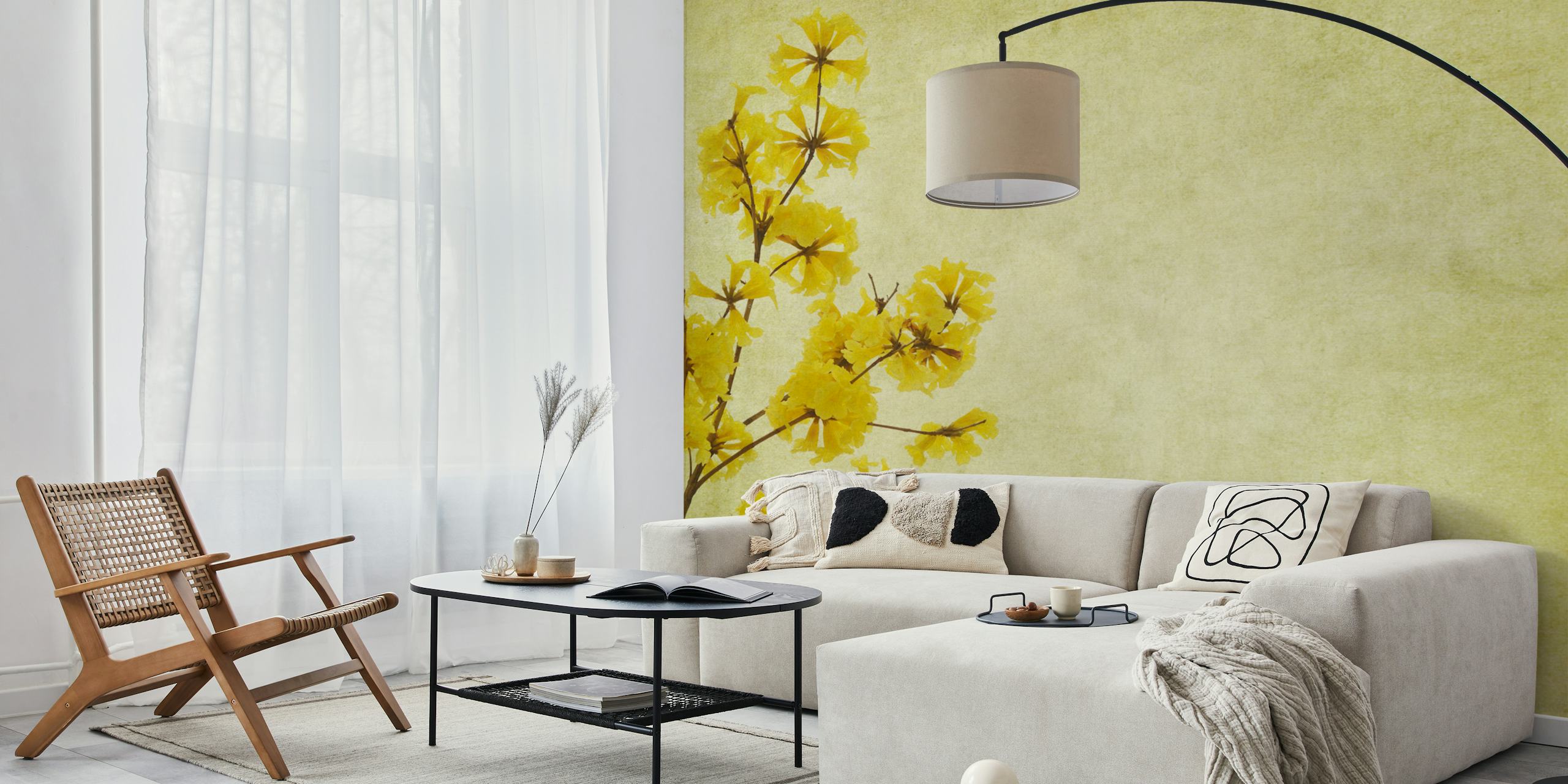 Yellow flower wallpaper in a room