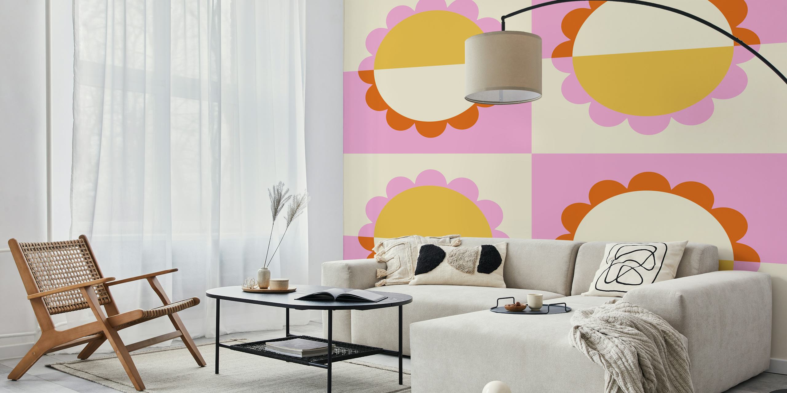 Geometric Sunset Flower Mural wallpaper in a room
