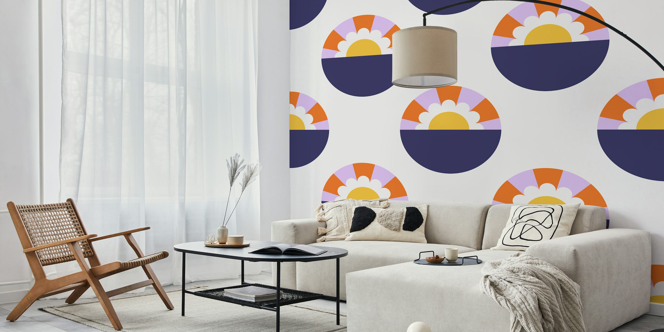 Round sunset floral patterns in orange, yellow, and purple on cream wallpaper