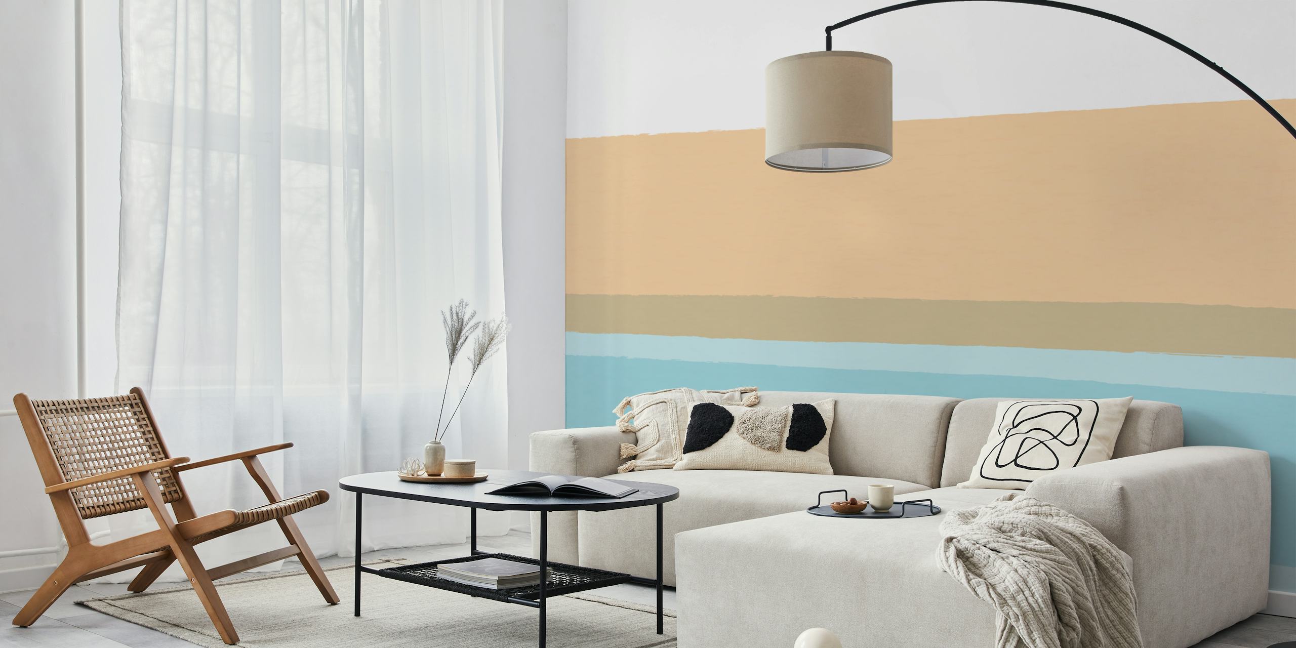 Calming coastal striped wallpaper in sand and blue tones