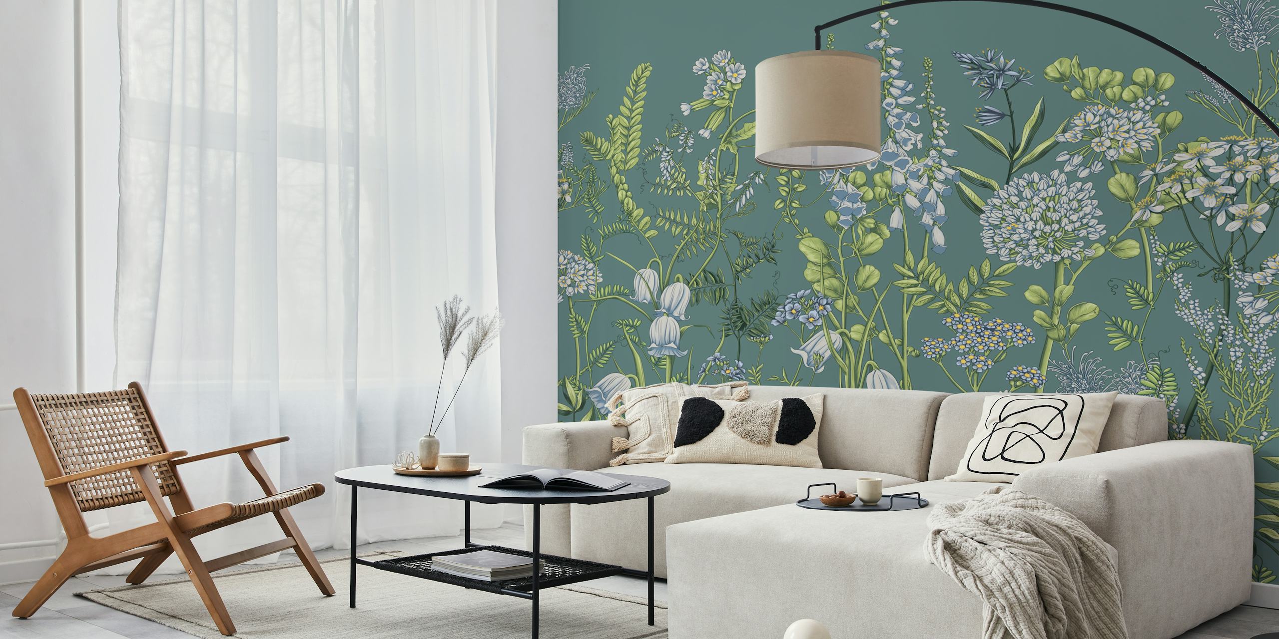 Delicate botanical floral wallpaper with green background and white flowers