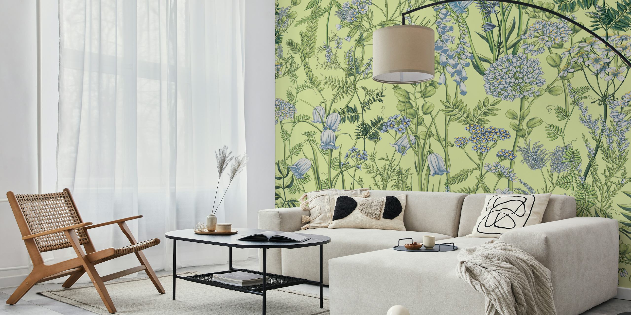 Botanical floral patterns in green and blue tones wallpaper