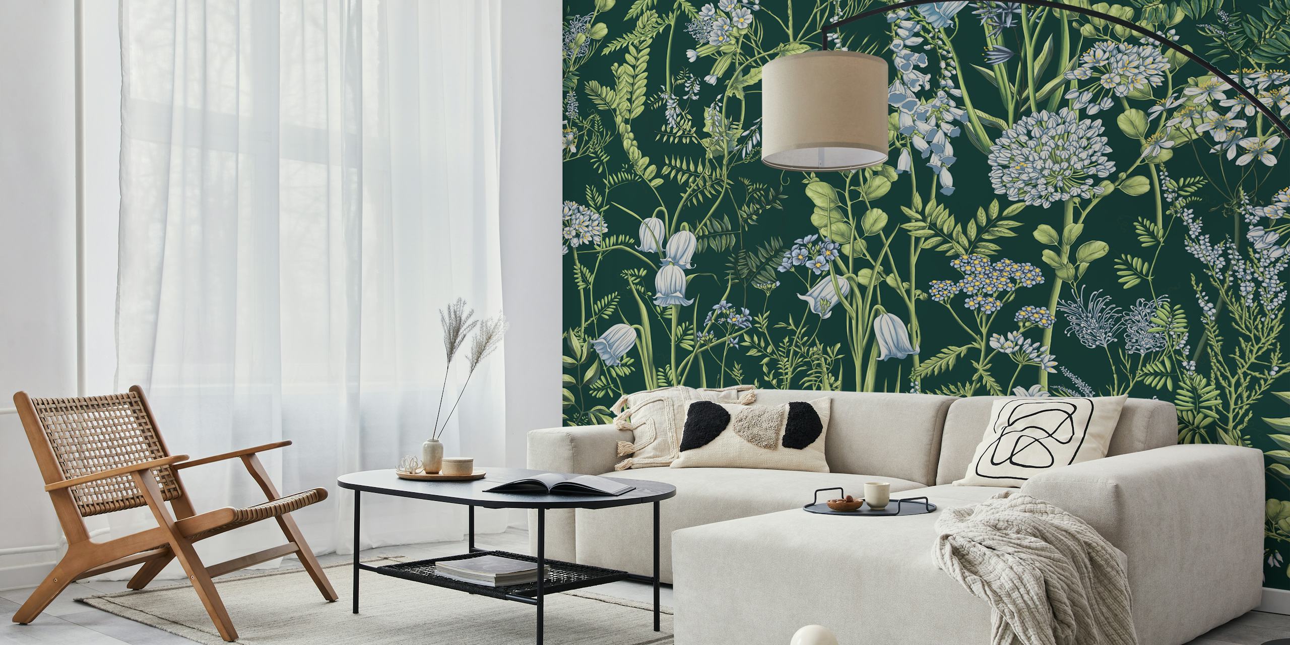 Botanical floral wallpaper with green background and white flowers, detailed foliage
