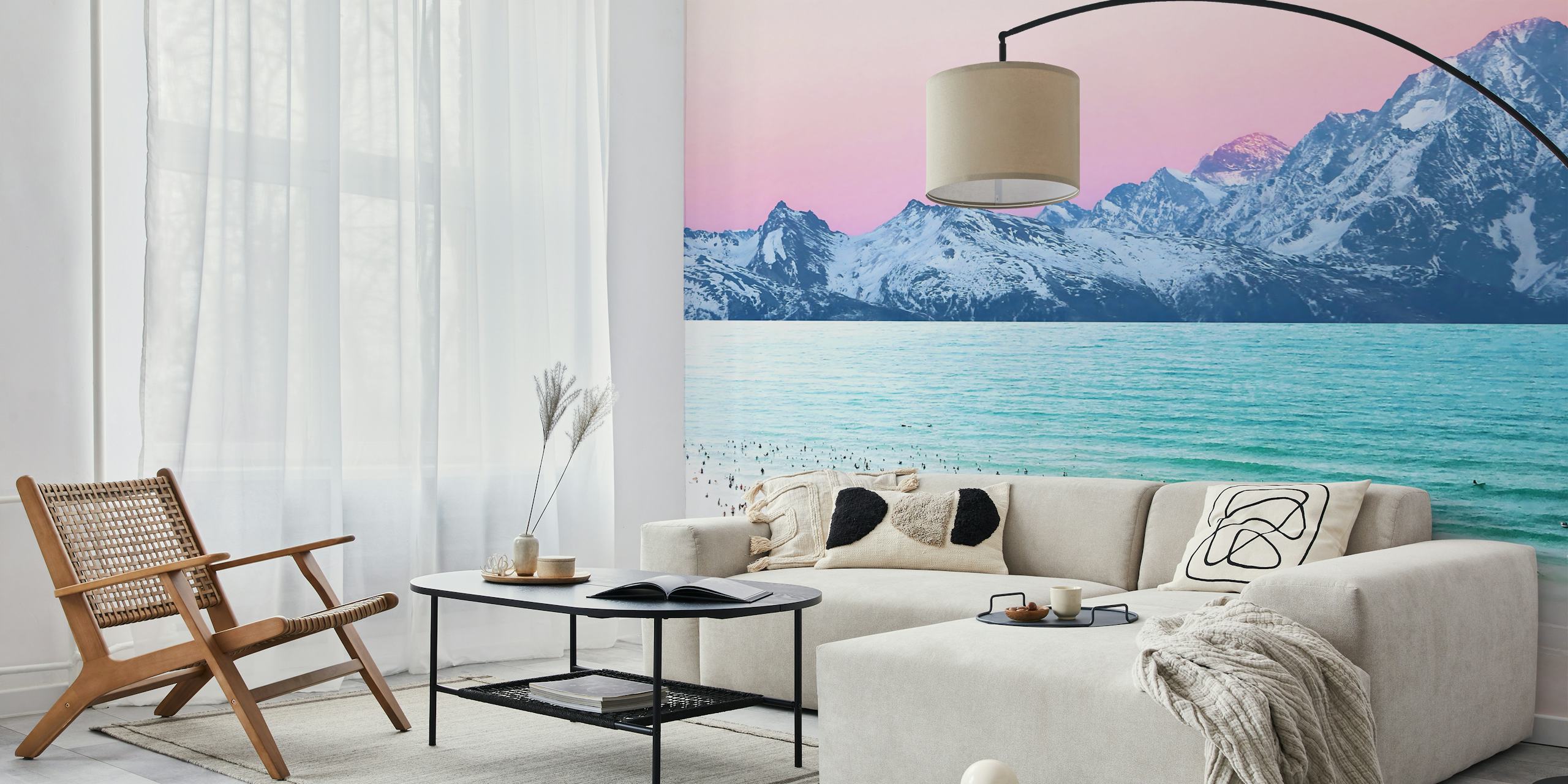 Pastel beach landscape with mountains and waves wallpaper