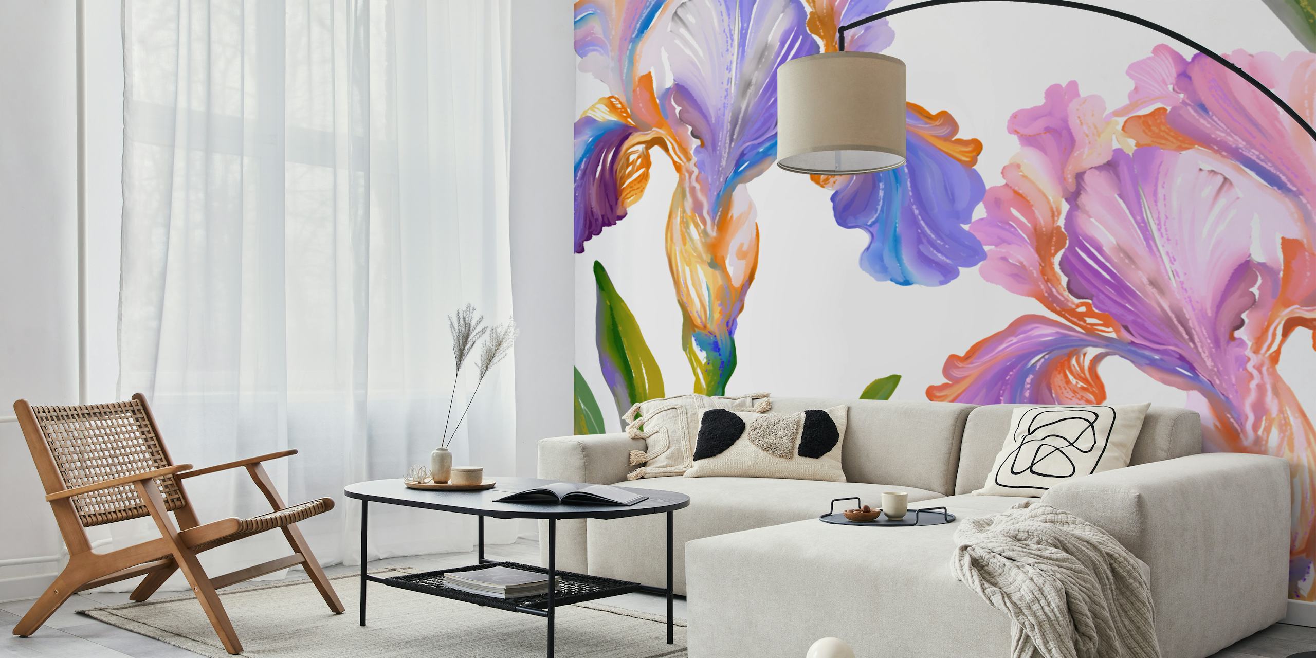 Purple and orange iris flowers with green leaves wallpaper