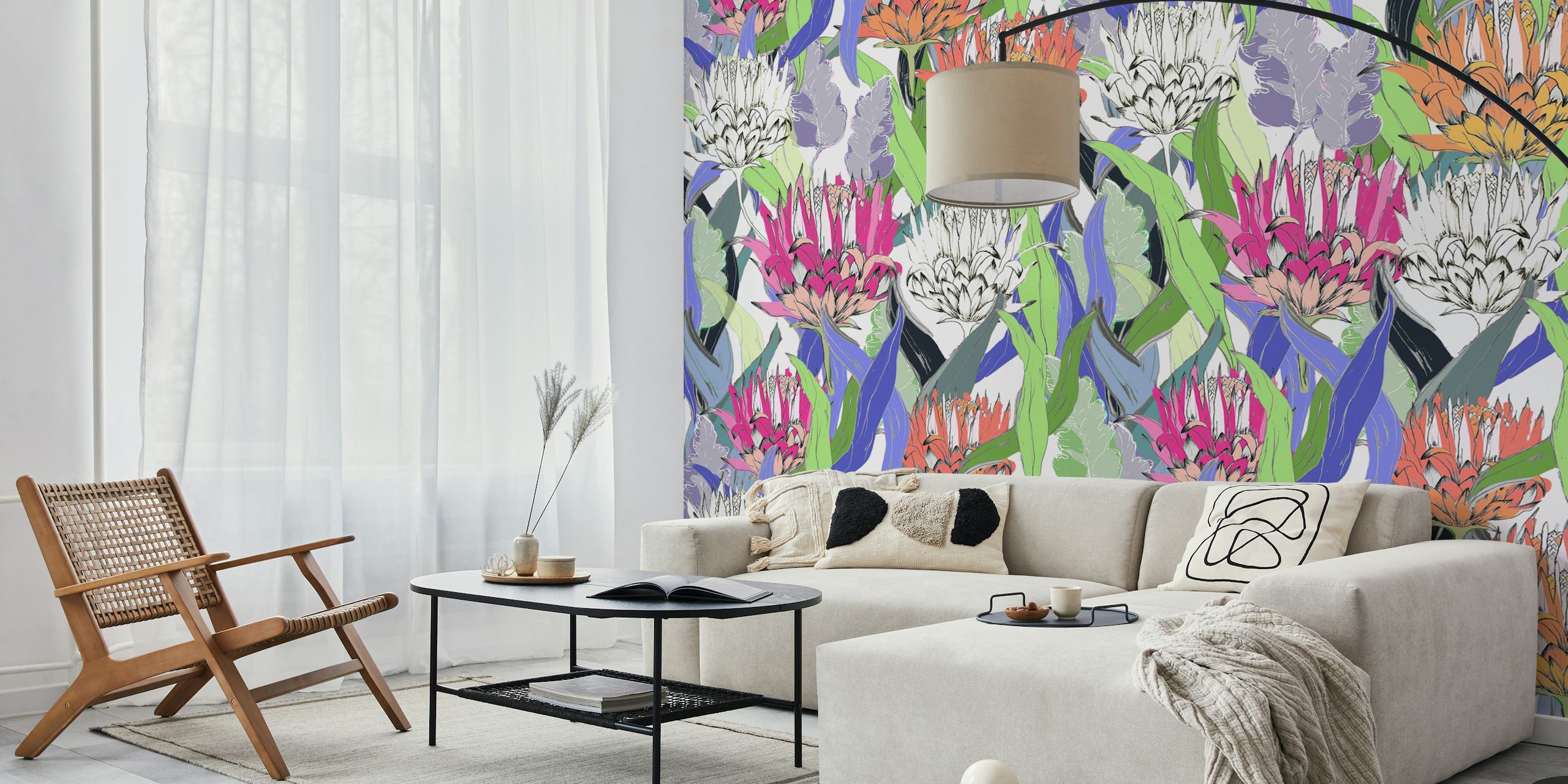 Colorful Protea Garden wallpaper in a room.