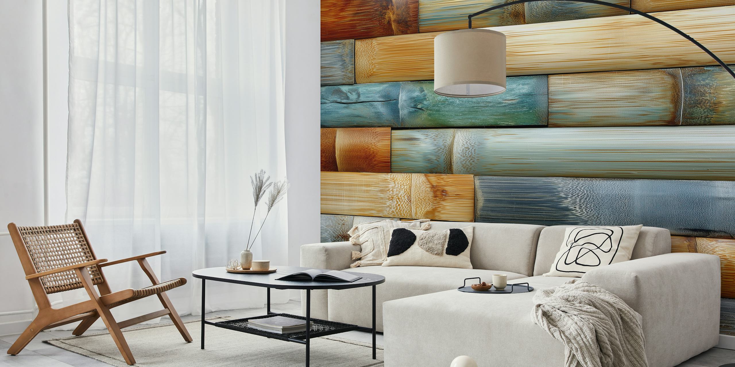 Bamboo textured wallpaper with warm colors like orange, brown, and green, showcasing a contemporary style.