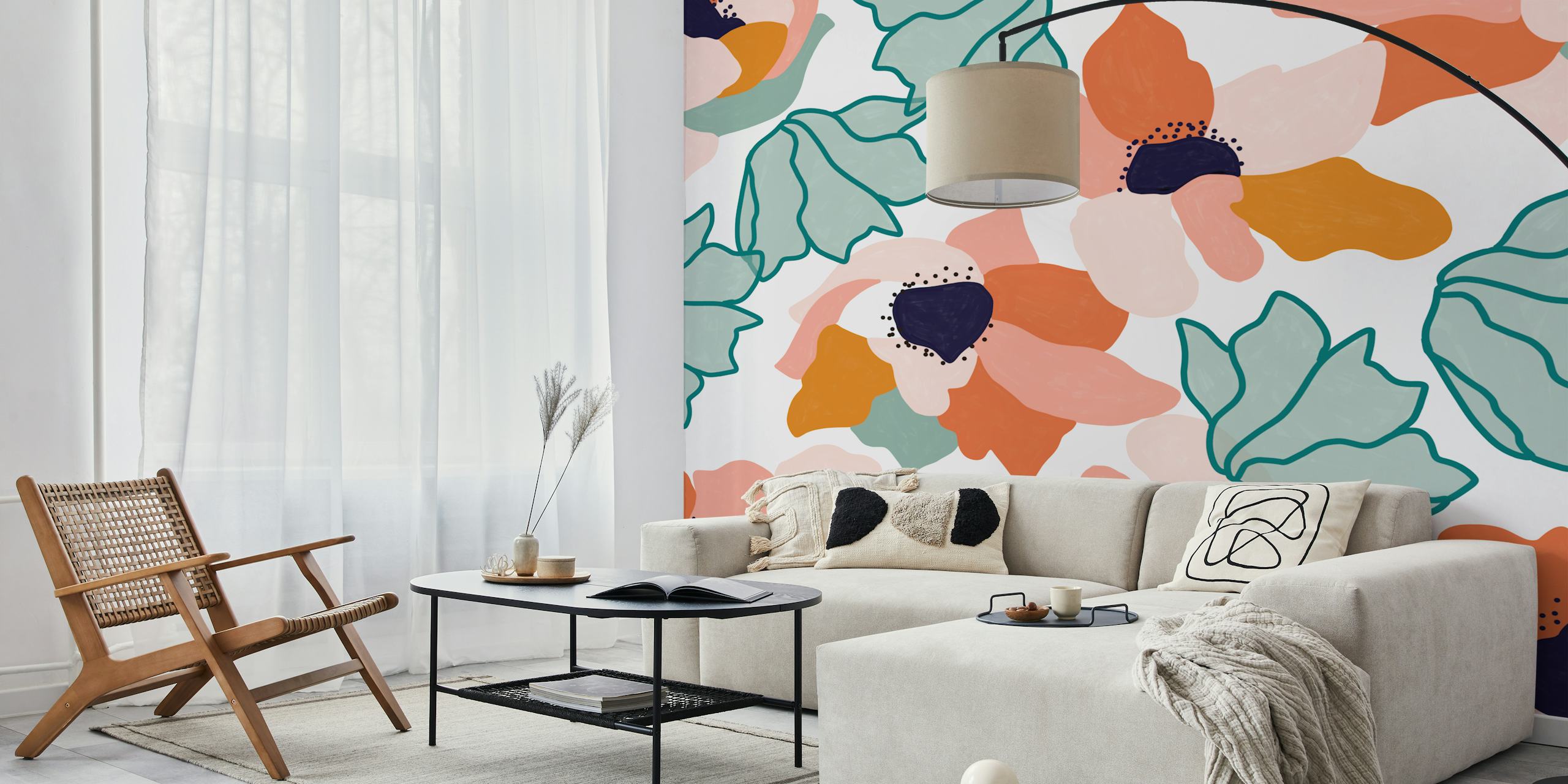 Bright floral pattern in coral, pink, and mint green colors wallpaper