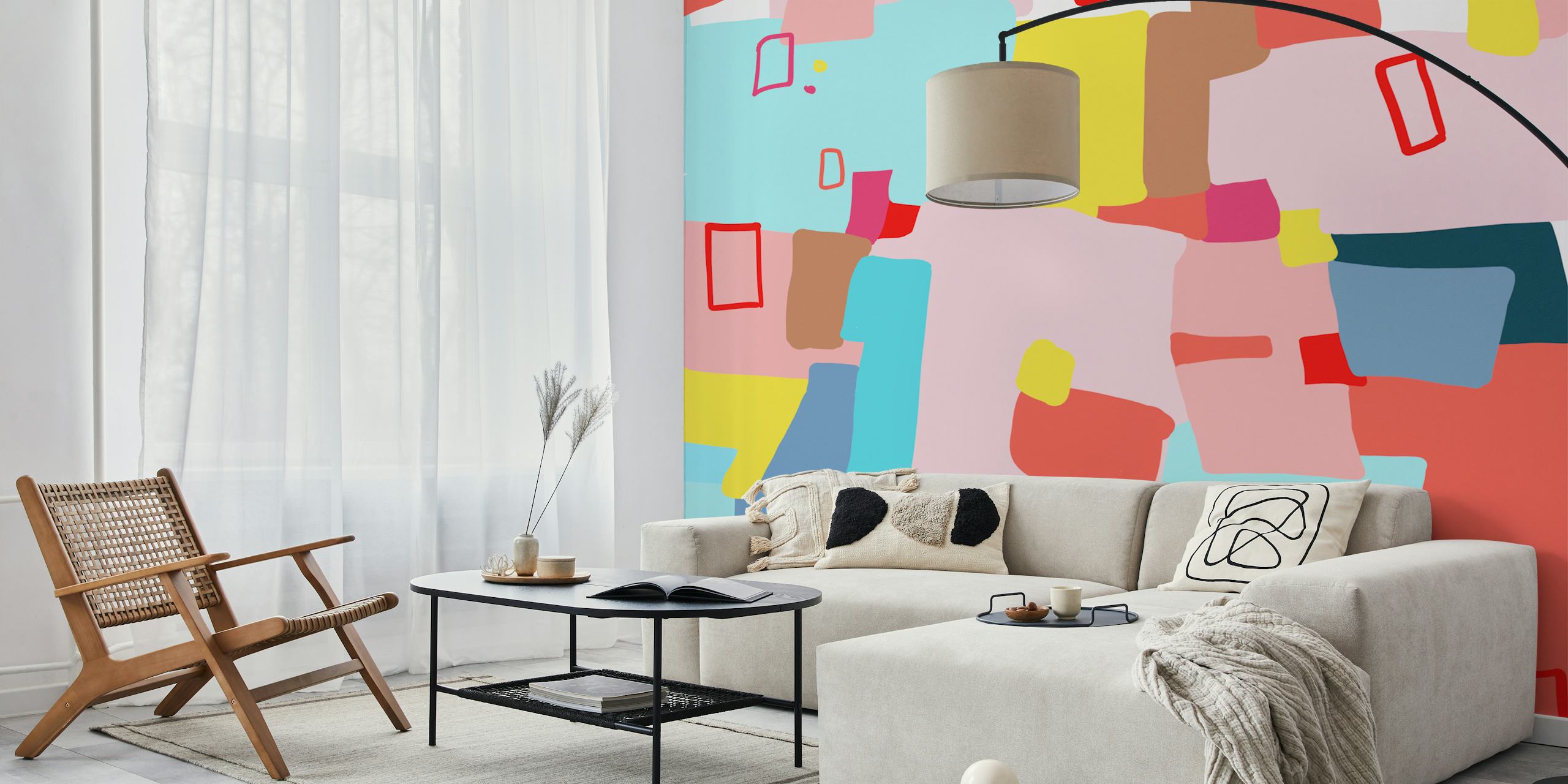 Colorful abstract shapes in red, blue, and pink wallpaper