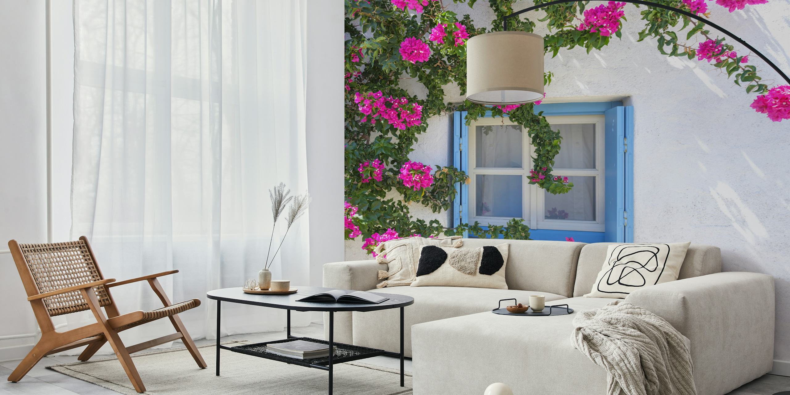 Bougainvillea wallpaper with blue window