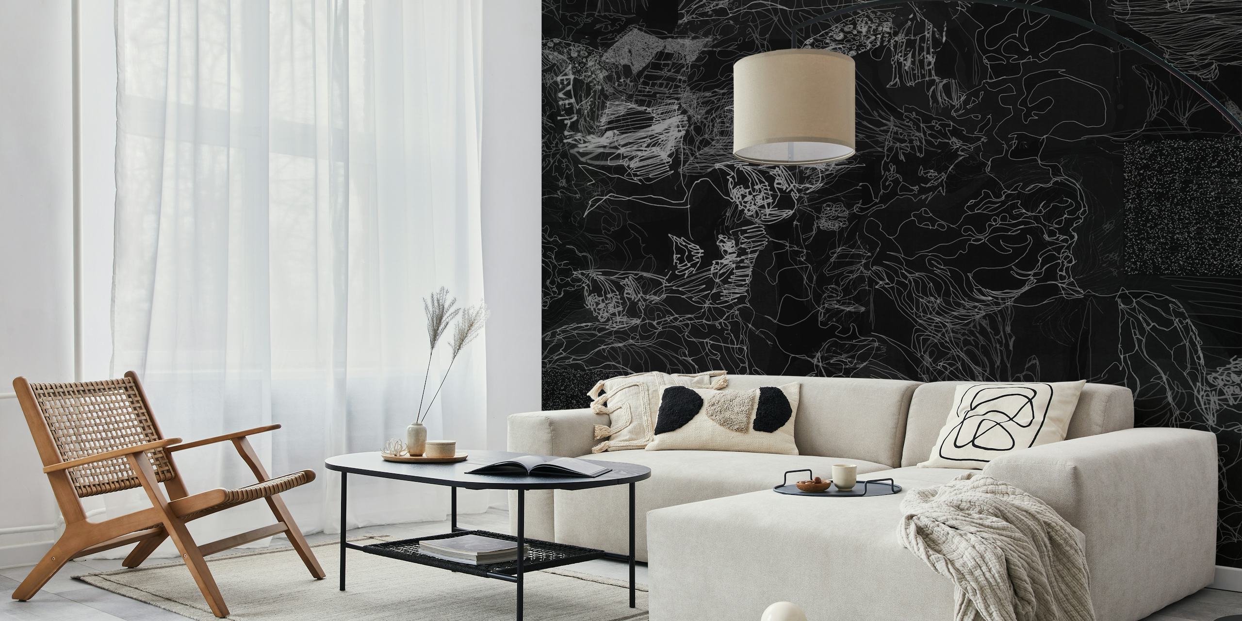 Black abstract line art wallpaper with intricate patterns