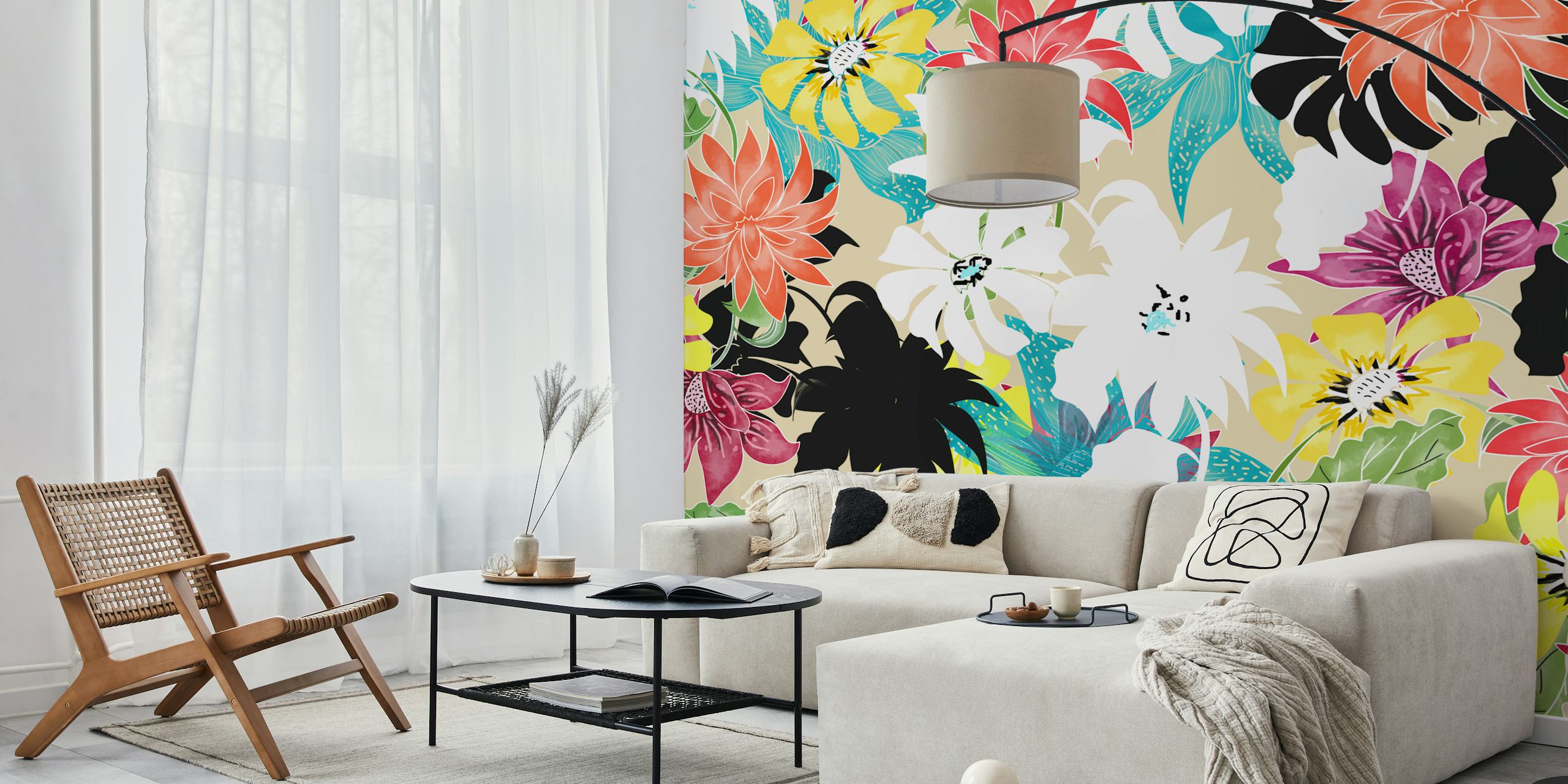 Padrão floral Dalia papel de parede em um quarto