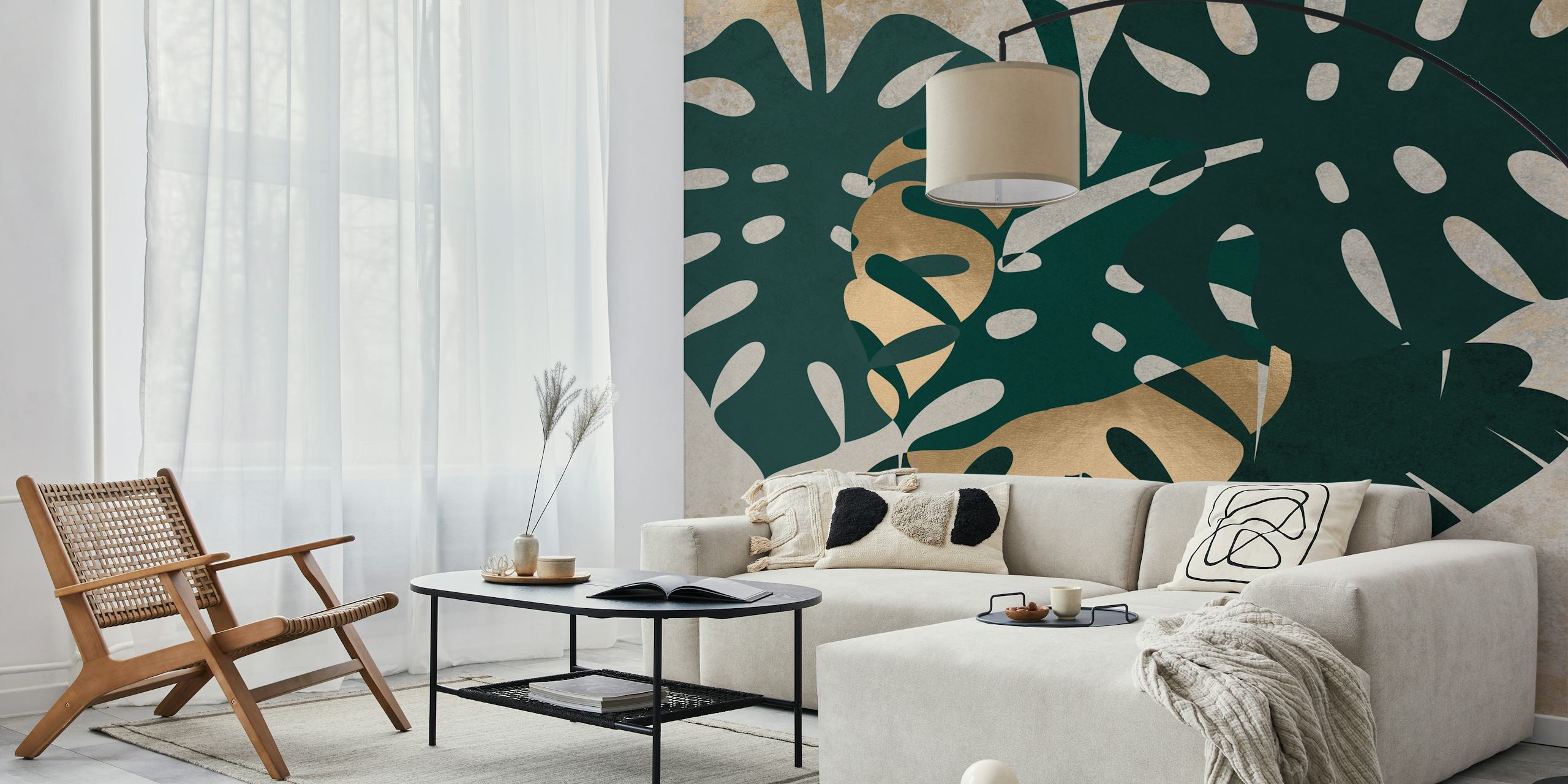 Tropical green leaves on textured gold background wallpaper