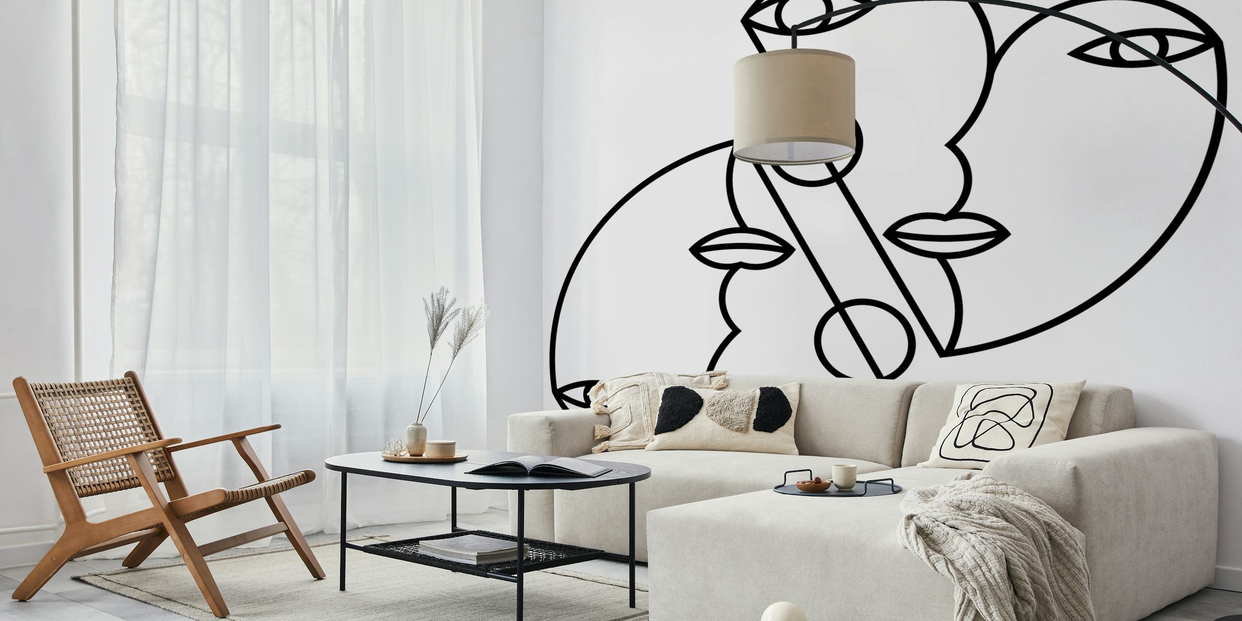 Black and white line art heart wallpaper with abstract faces
