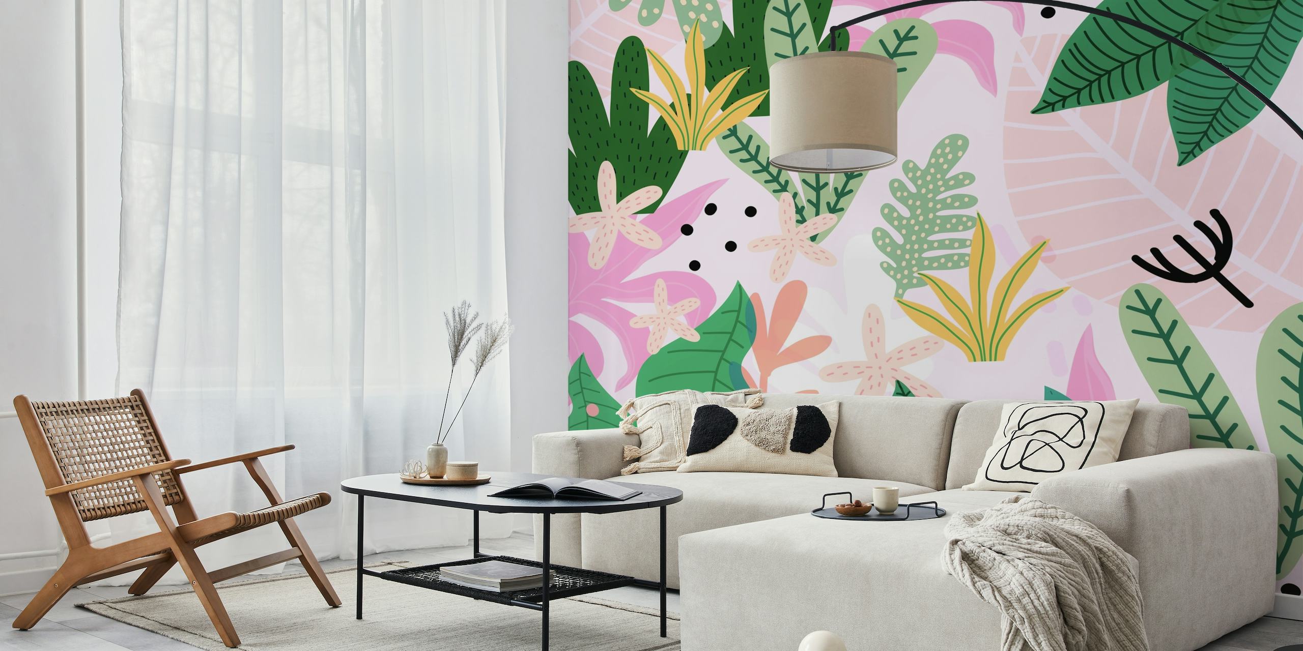 Illustrative wall mural featuring a tropical jungle scene with green foliage and pink tones at sunrise