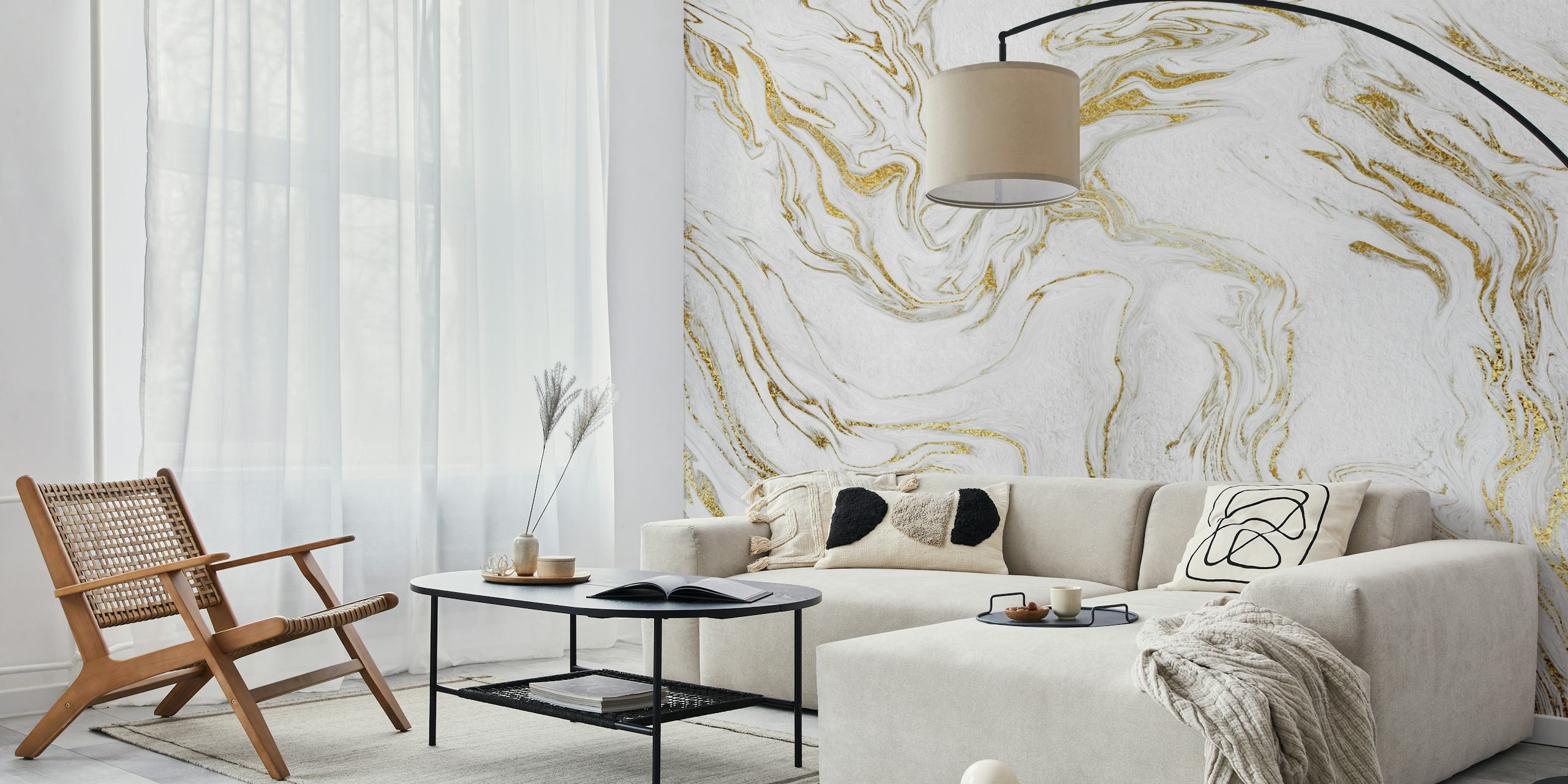 Gold and white swirling marble pattern wallpaper