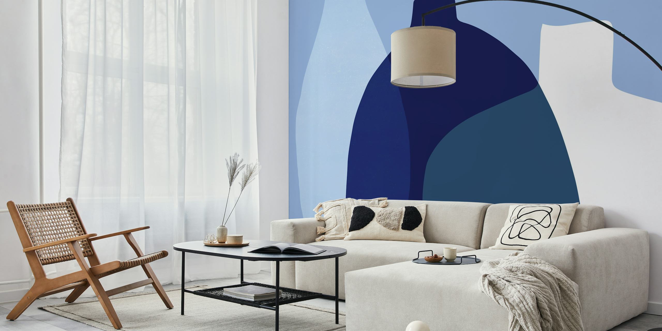 Mural de parede abstrato de vasos de vidro com formas sobrepostas em tons de azul e cores neutras