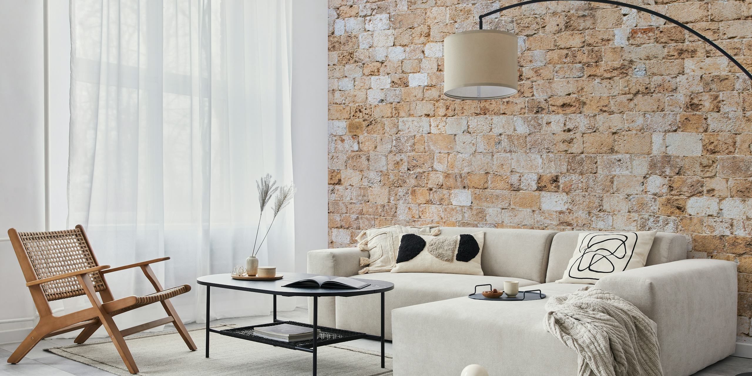 Natural stone wall wallpaper with beige and cream tiles