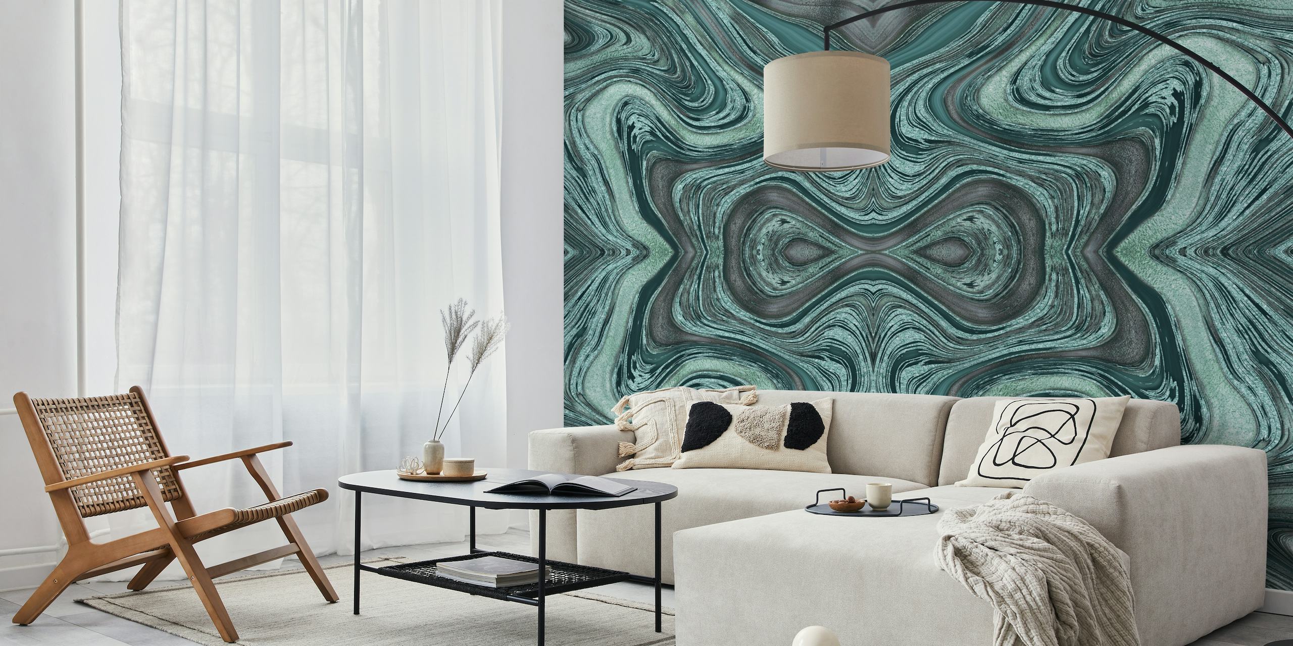 Abstract Glamour River Turquoise seinämaalaus, jossa on rauhoittavia aaltoilevia kuvioita turkoosin, harmaan ja valkoisen sävyissä.