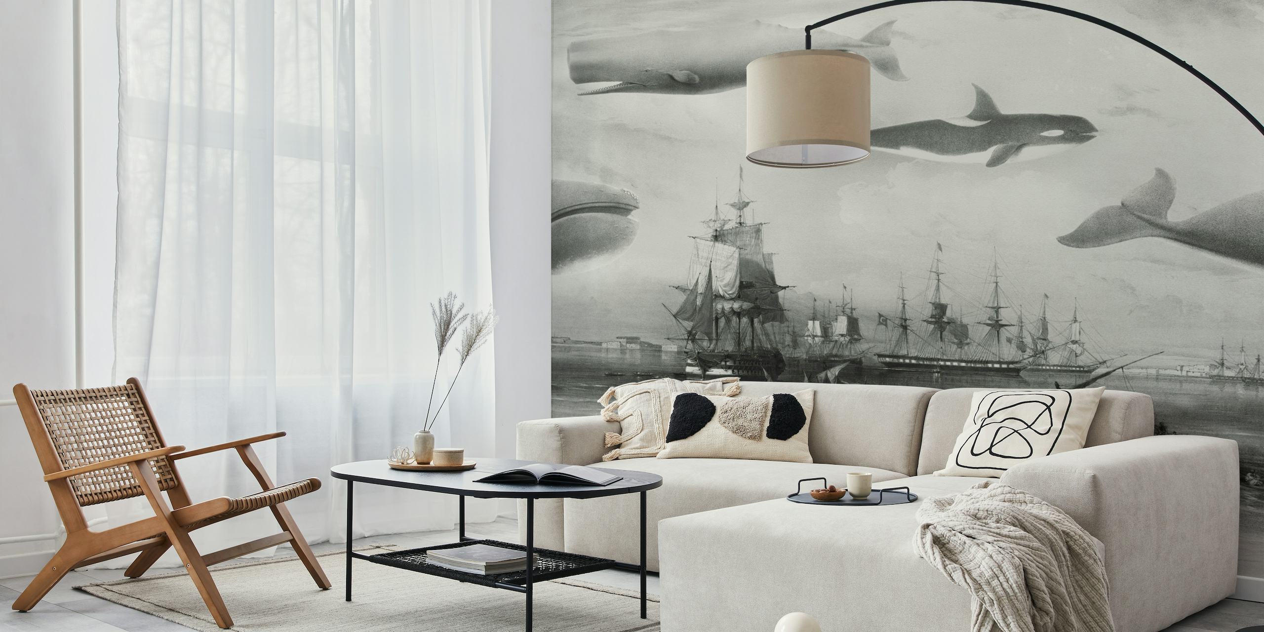Whales and Ships in GREY wall mural with vintage marine life and nautical vessels