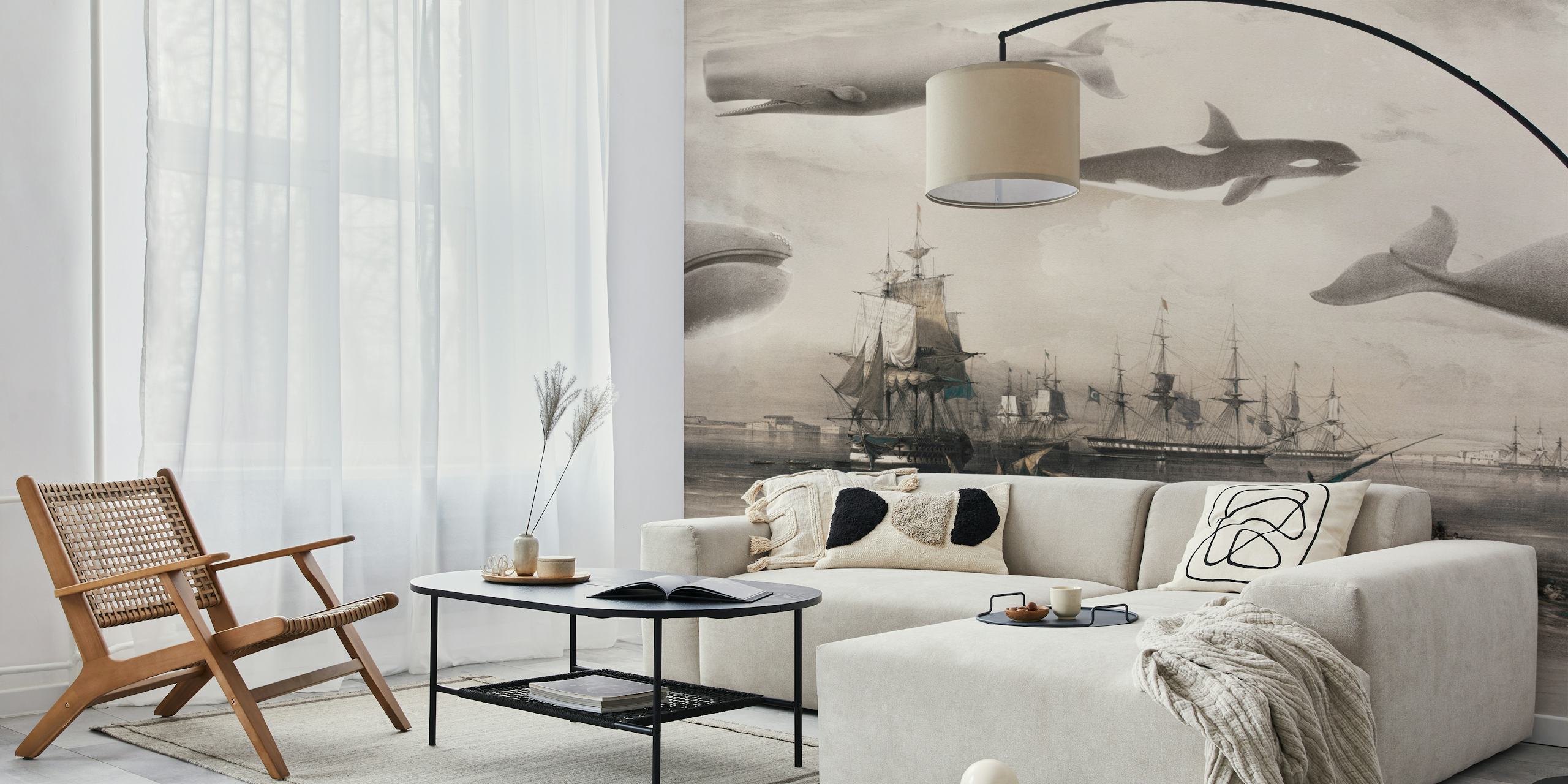 Whales and ships in sepia blue tones wallpaper