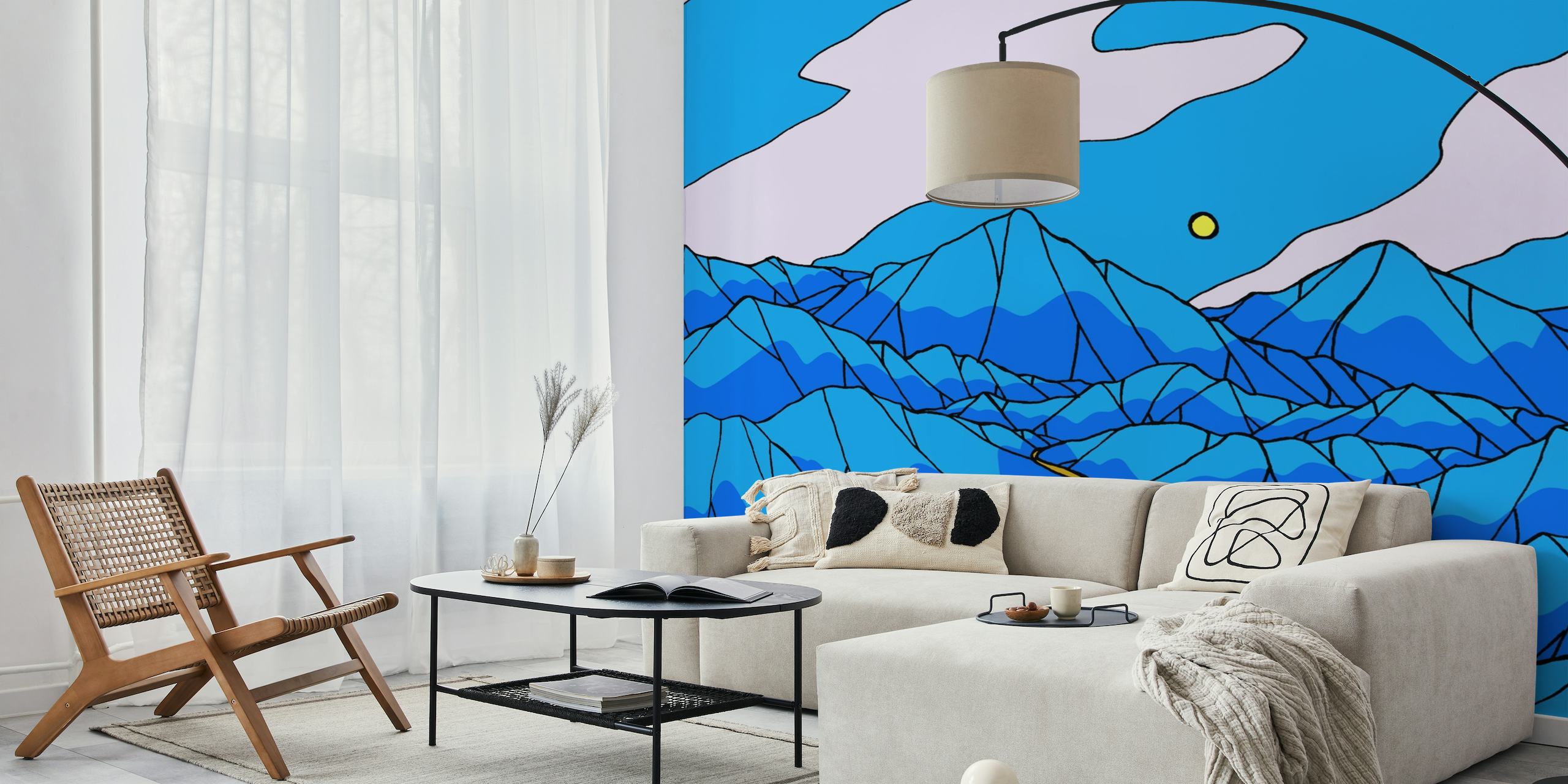 Stylized blue mountain valley wall mural with pastel sky and yellow pathway