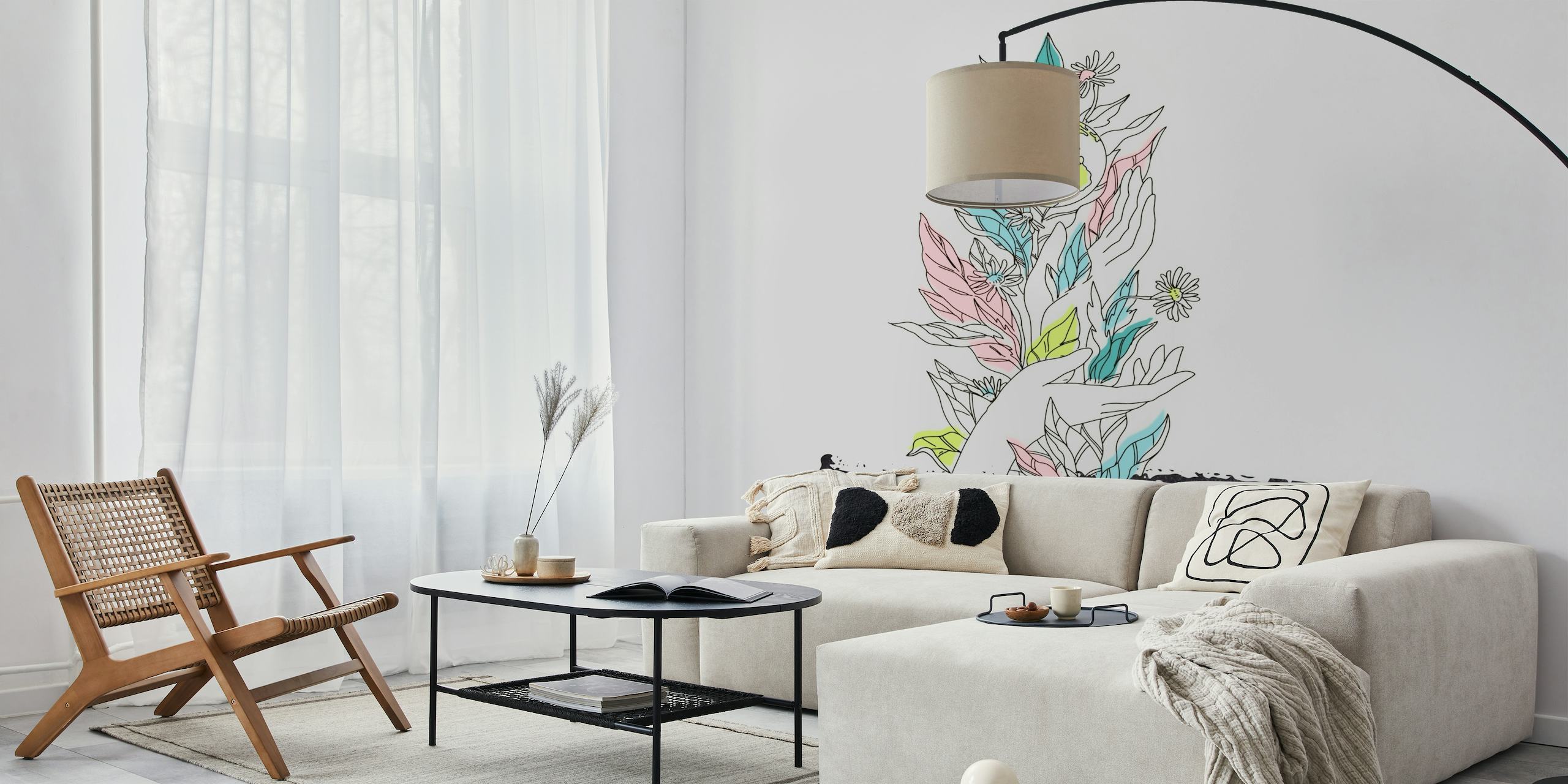 Whimsical nature inspired wall mural with pastel flora and fauna