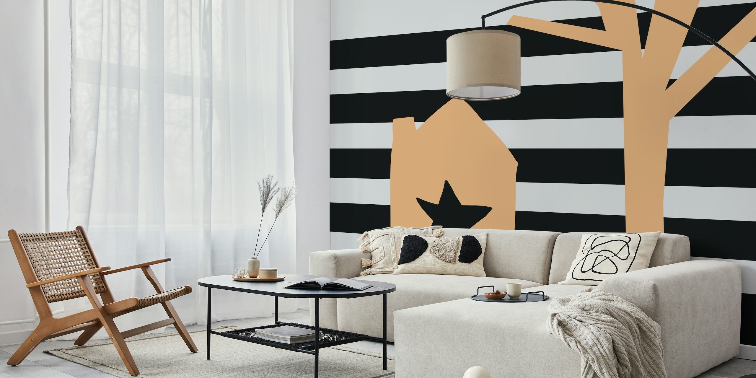 Diseño minimalista de casa pequeña con corte de estrella y árbol abstracto sobre fondo rayado
