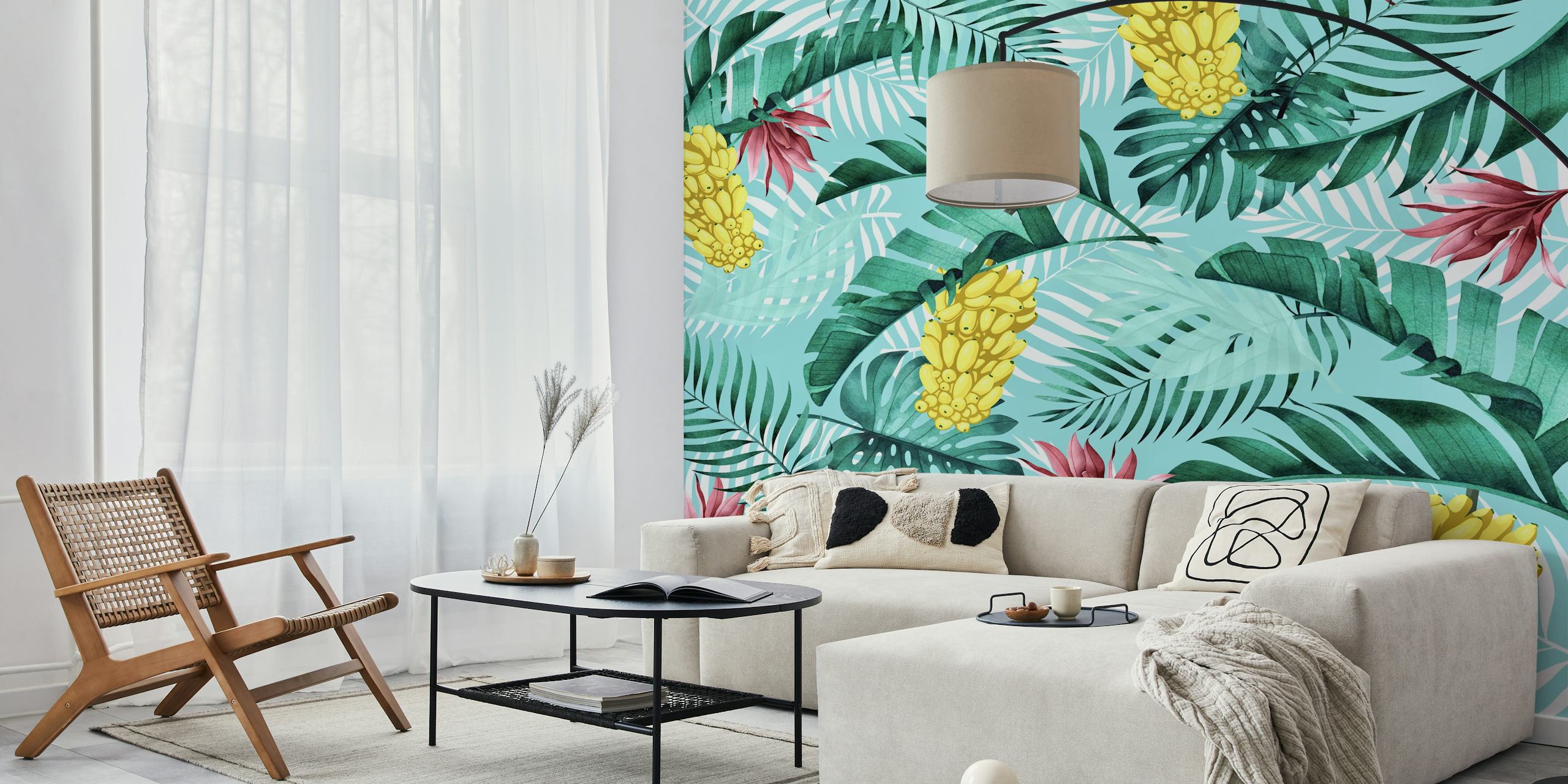 Lush green tropical leaves with yellow bananas and pink accents wallpaper