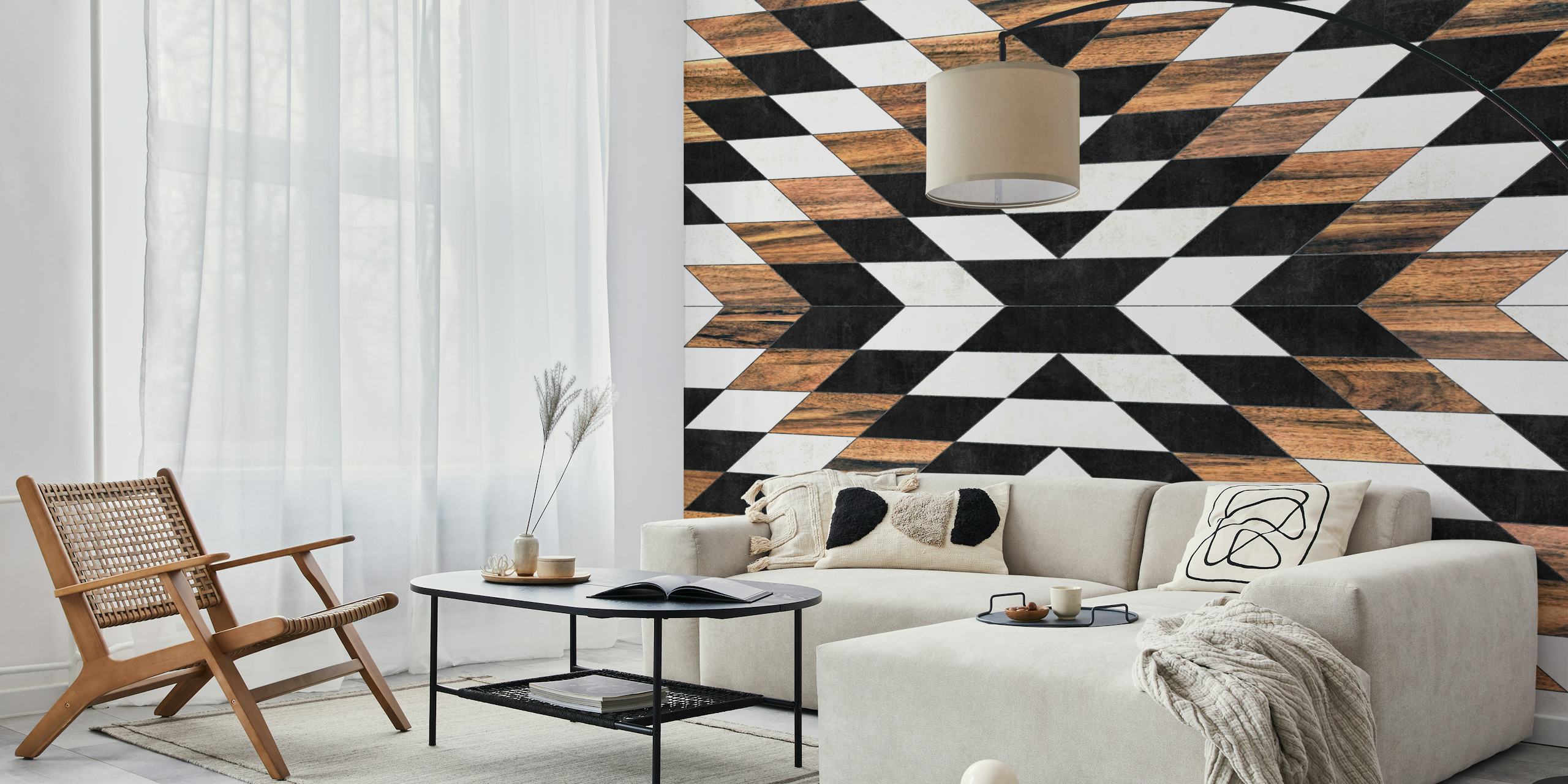 Black and white geometric pattern with wooden accents wallpaper