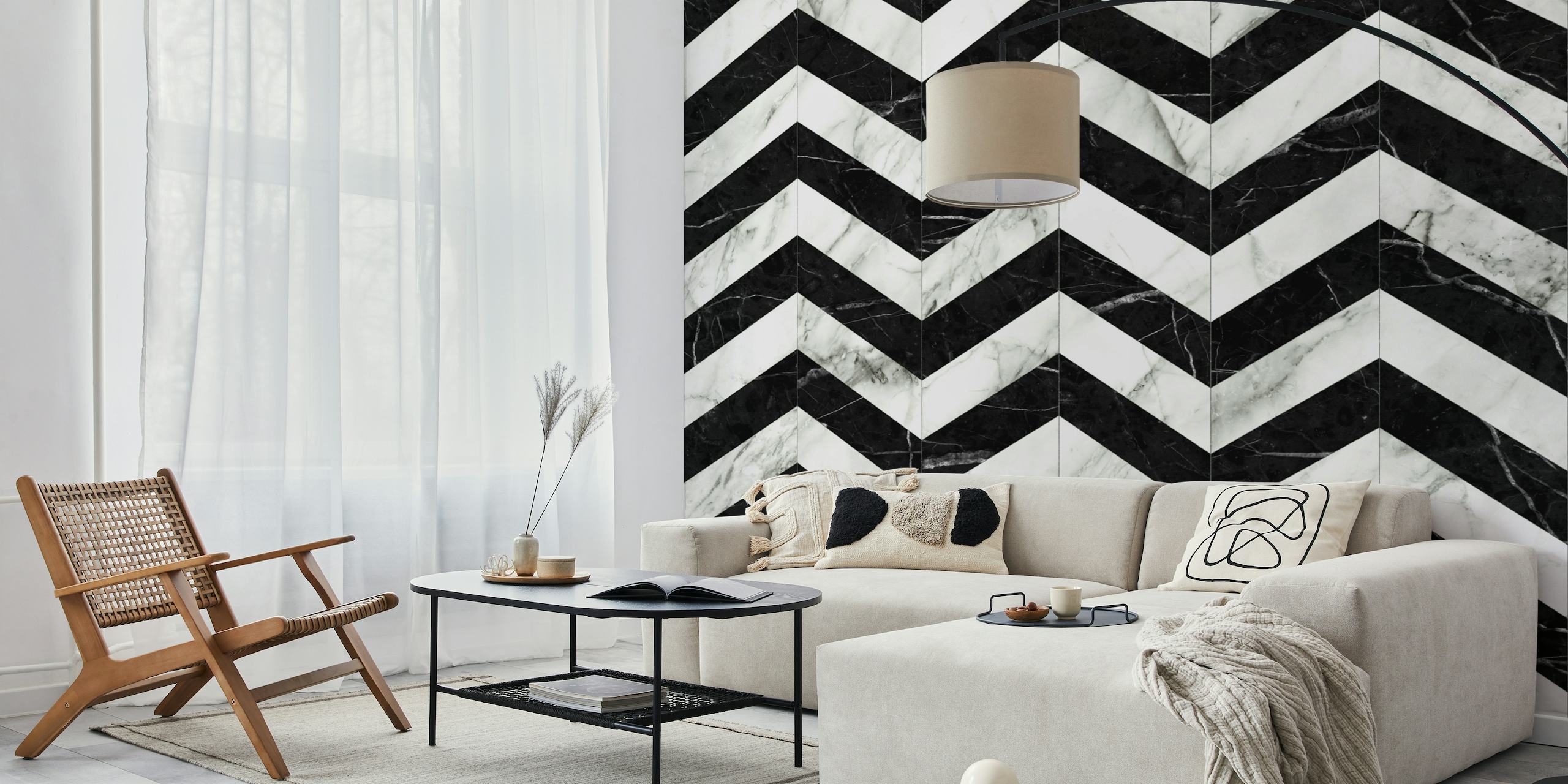 Black and white marble chevron pattern wall mural
