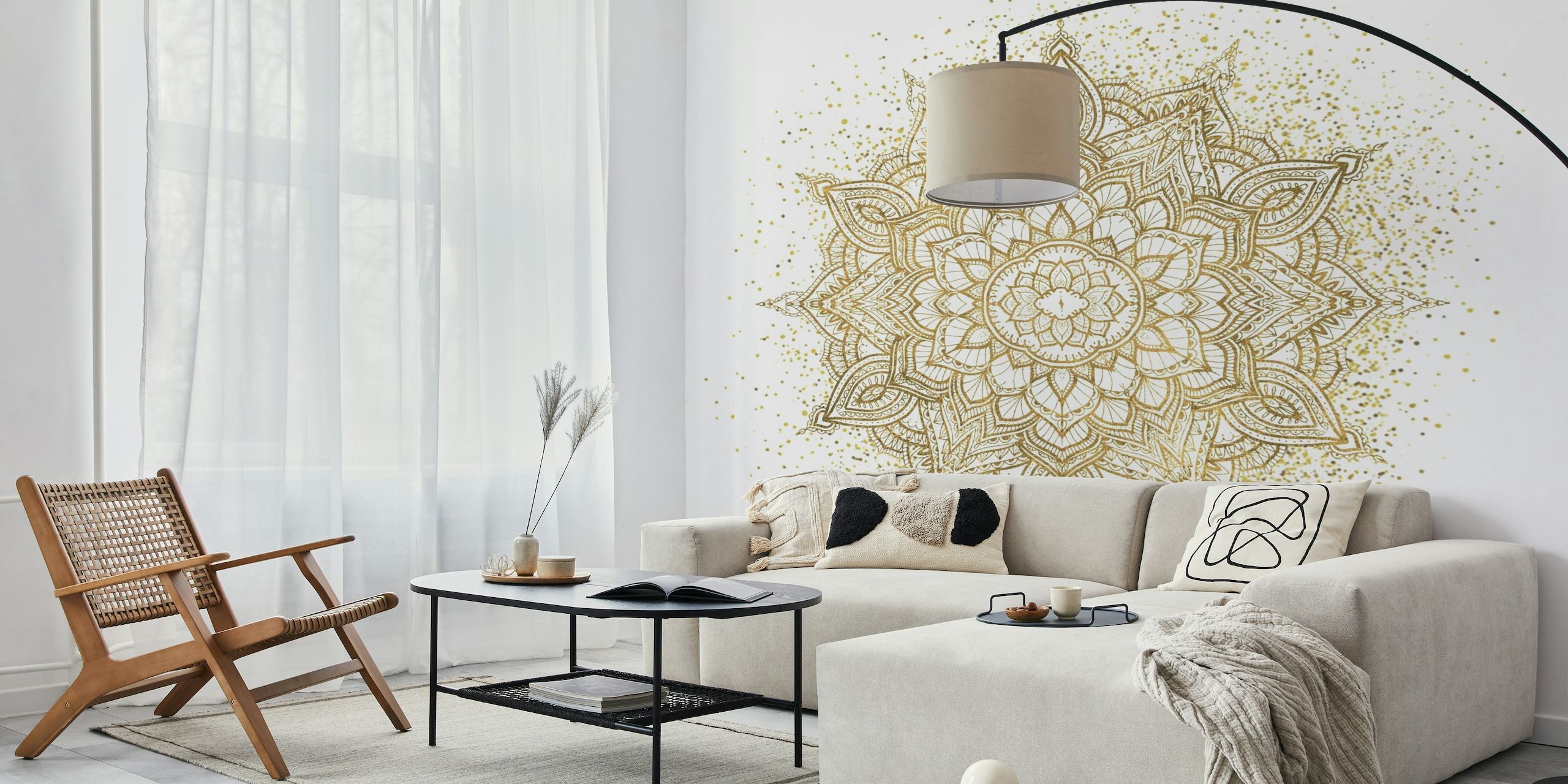 Golden sparkling mandala white wallpaper