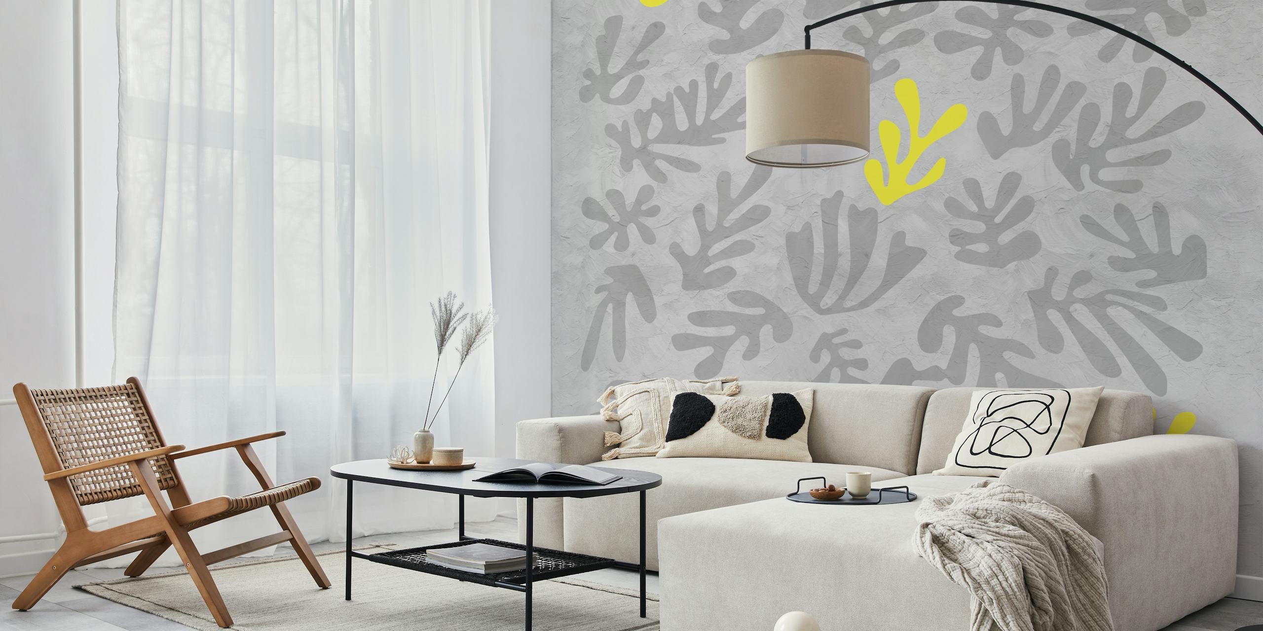 Gult og grått Matisse-inspirert veggmaleri med utskjæring i mønster