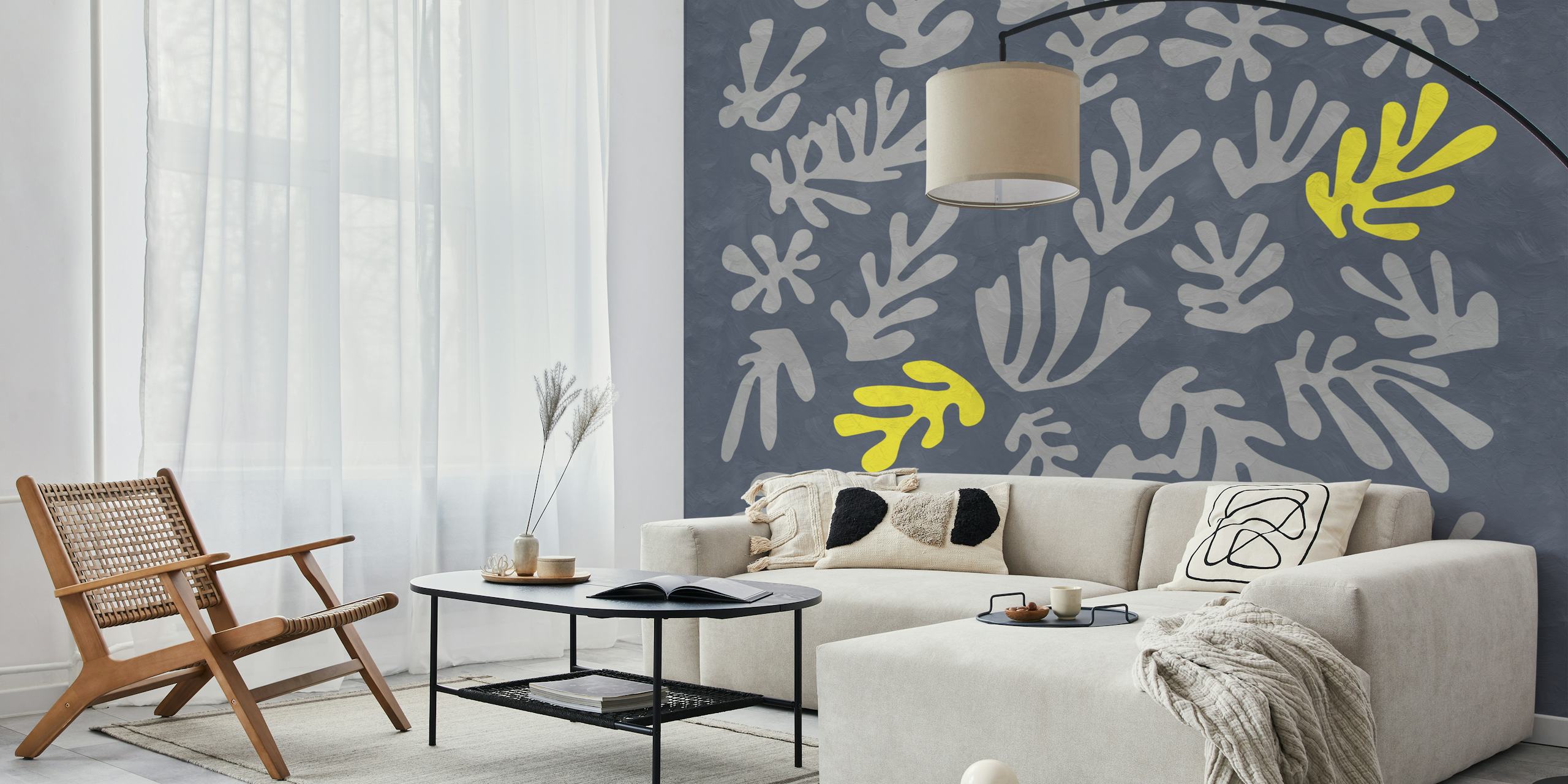 Abstract botanical yellow Matisse-inspired pattern on a grey background wall mural
