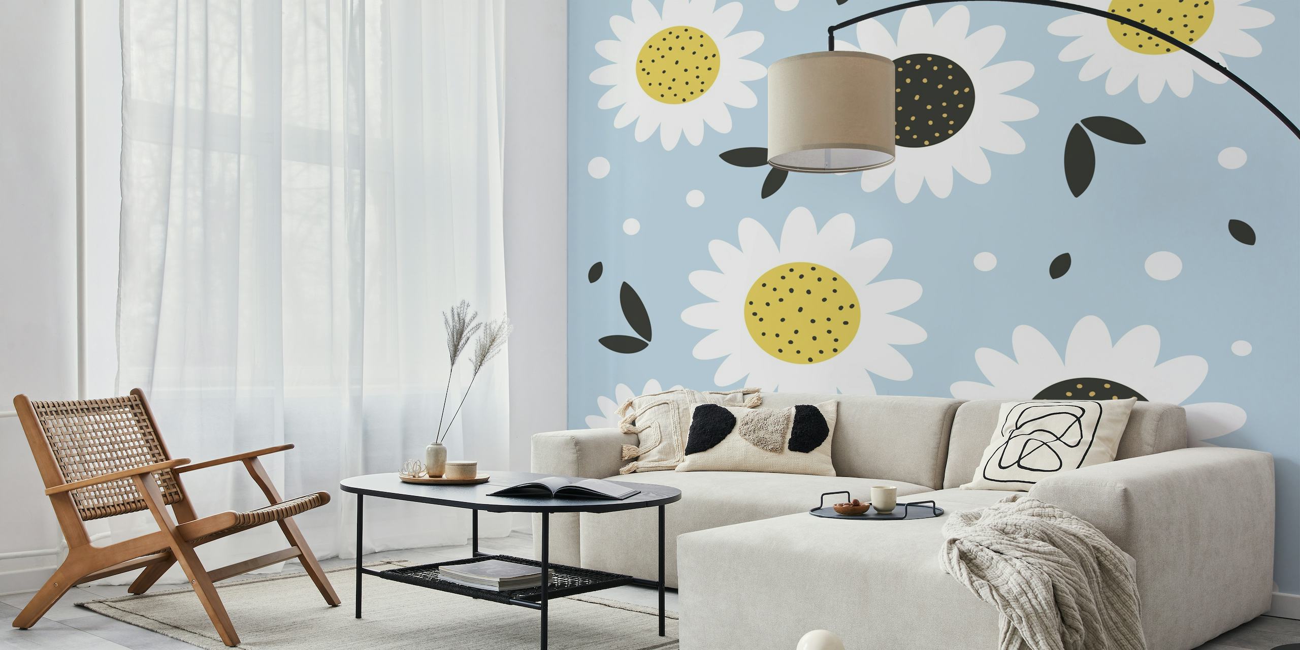 Daisy pattern wall mural with sky-blue background and floating seed accents