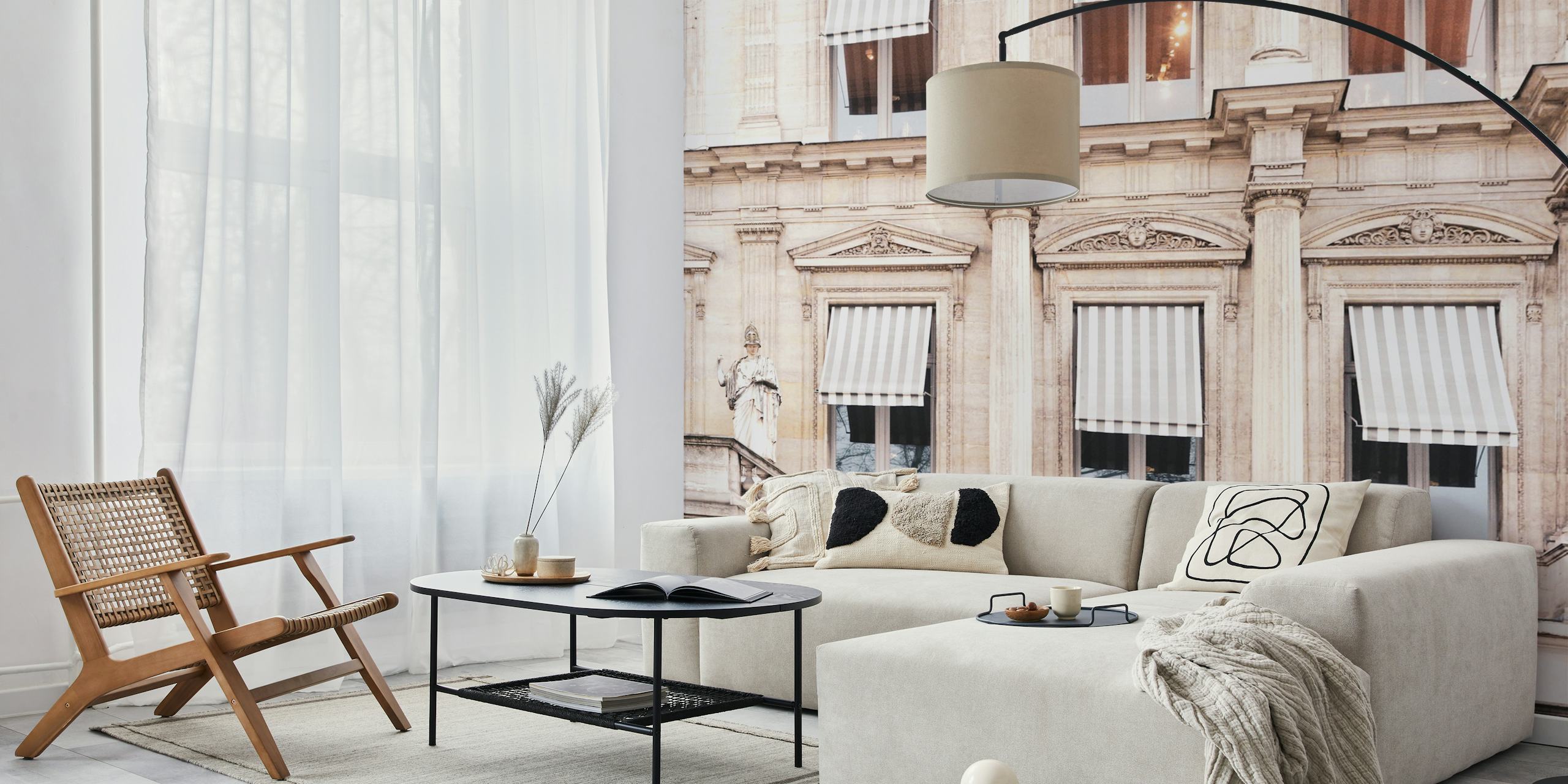 Striped awning on a Parisian building in soft beige tones wallpaper