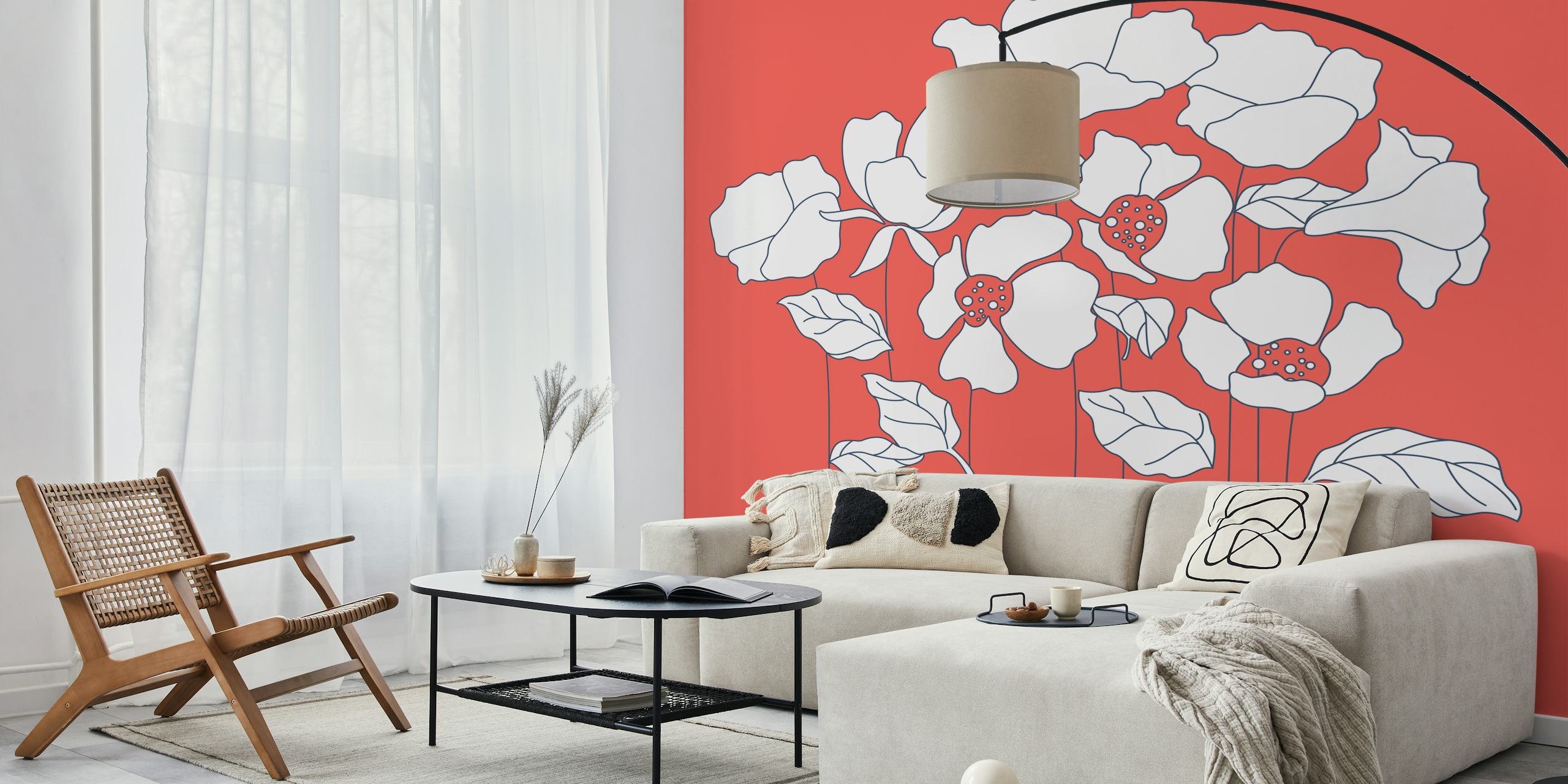 White poppies on a coral background wallpaper