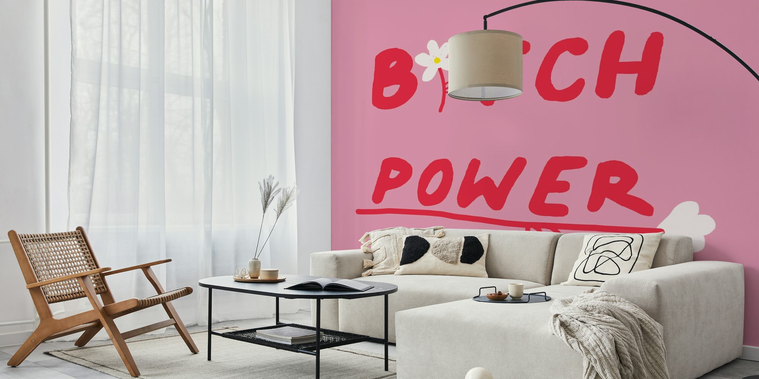 Striking Bitch Power mural featuring bold red and pink hues