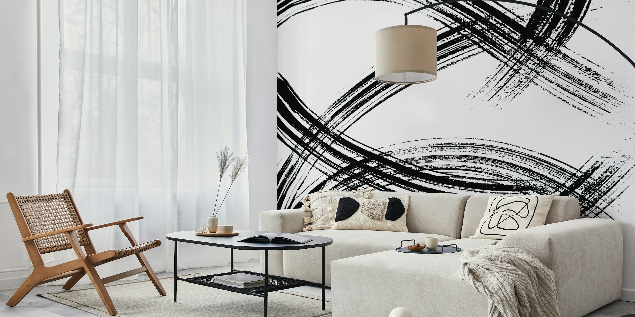 Abstract black and white wave strokes wall mural