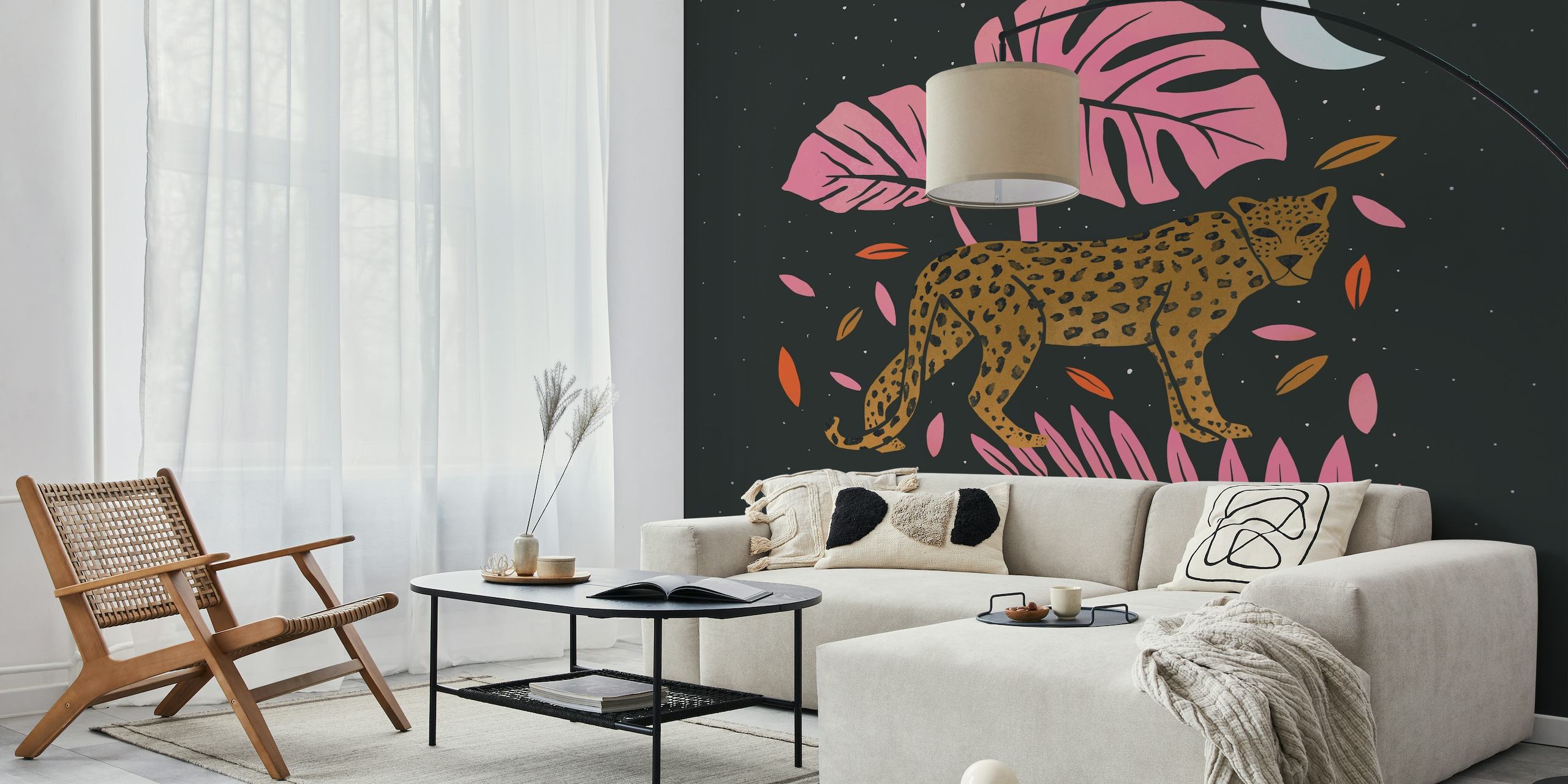 Leopard Black and Pink wall mural with a leopard amidst pink leaves and a moon on a starry night.