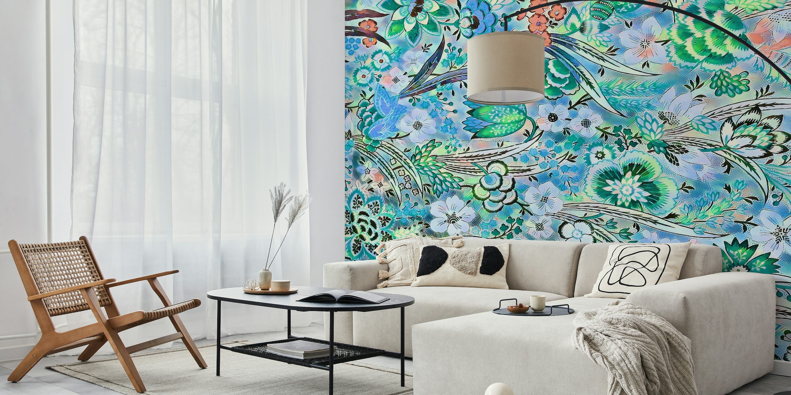 Papier peint mural pivoines et roses en bleu menthe avec des motifs floraux luxuriants