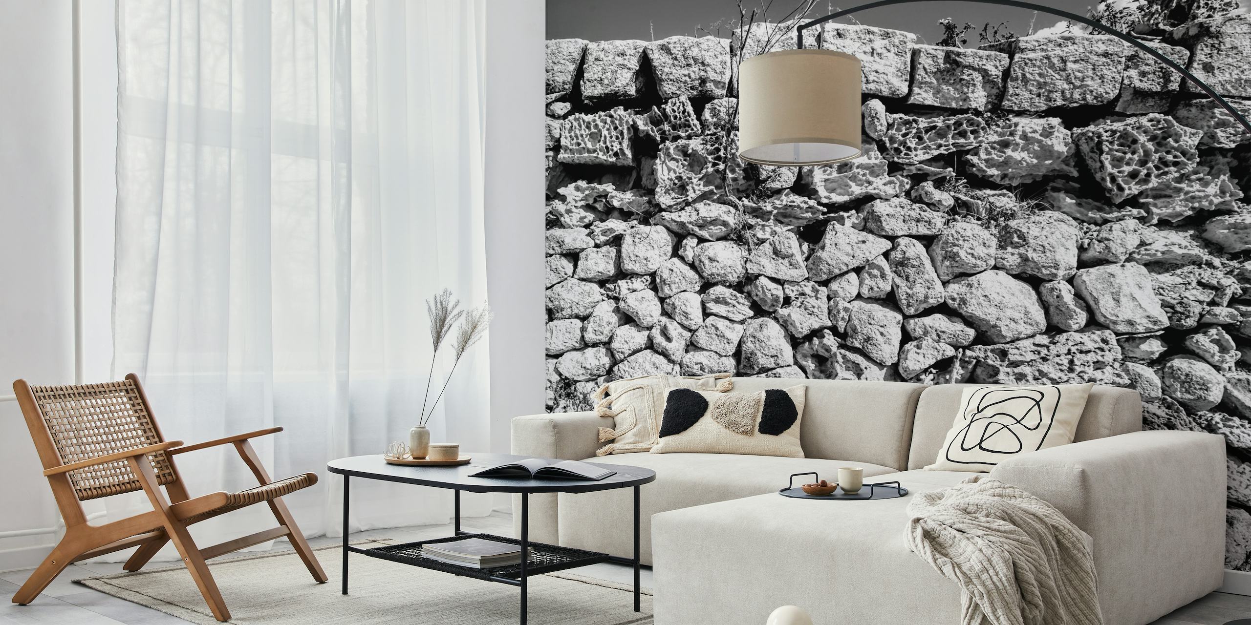 Natural sandstone wall textured wallpaper mural in a serene grayscale palette