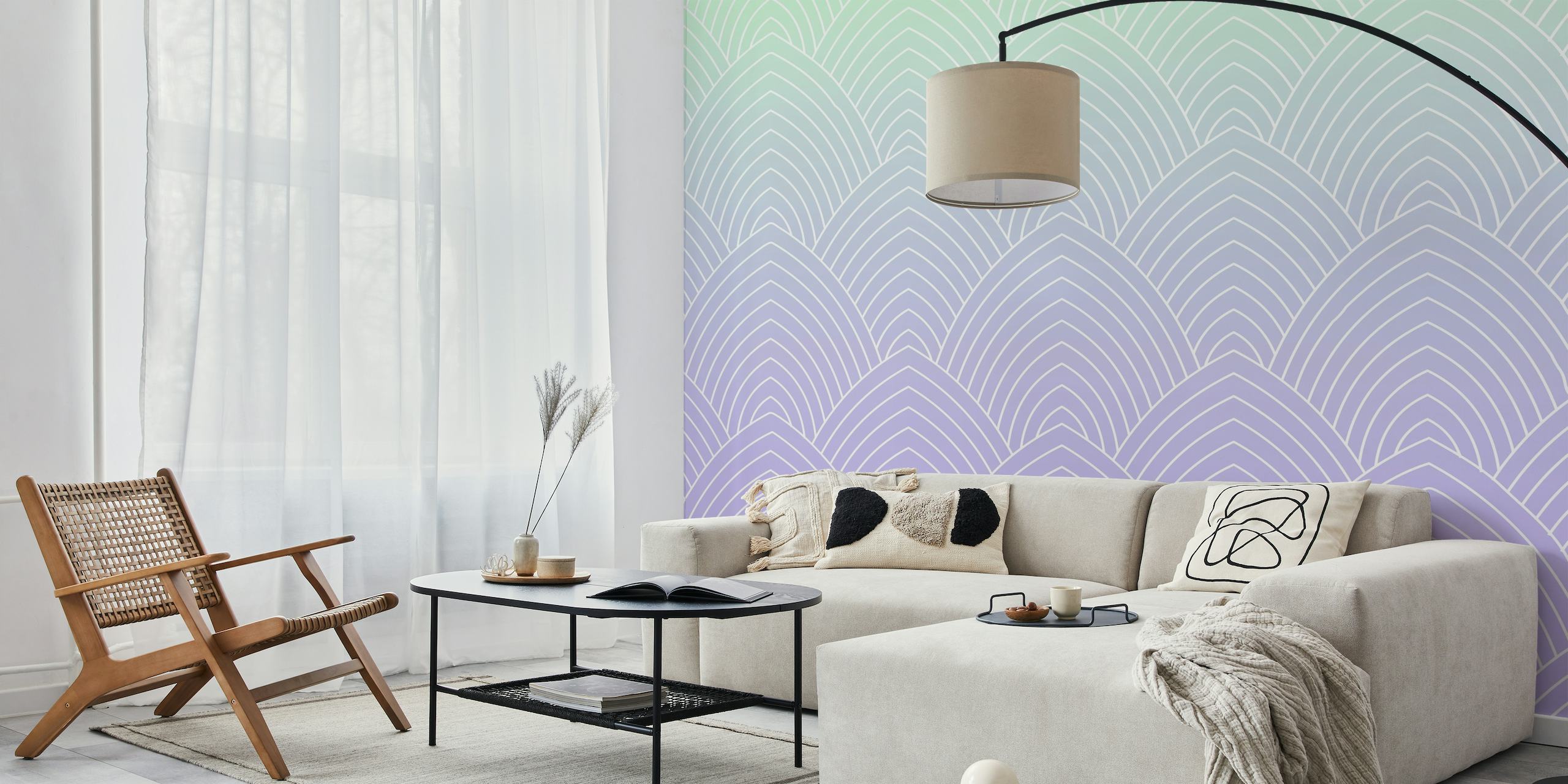 Fotomural de pared con diseño modernista Art Déco de lavanda en suaves tonos violetas.