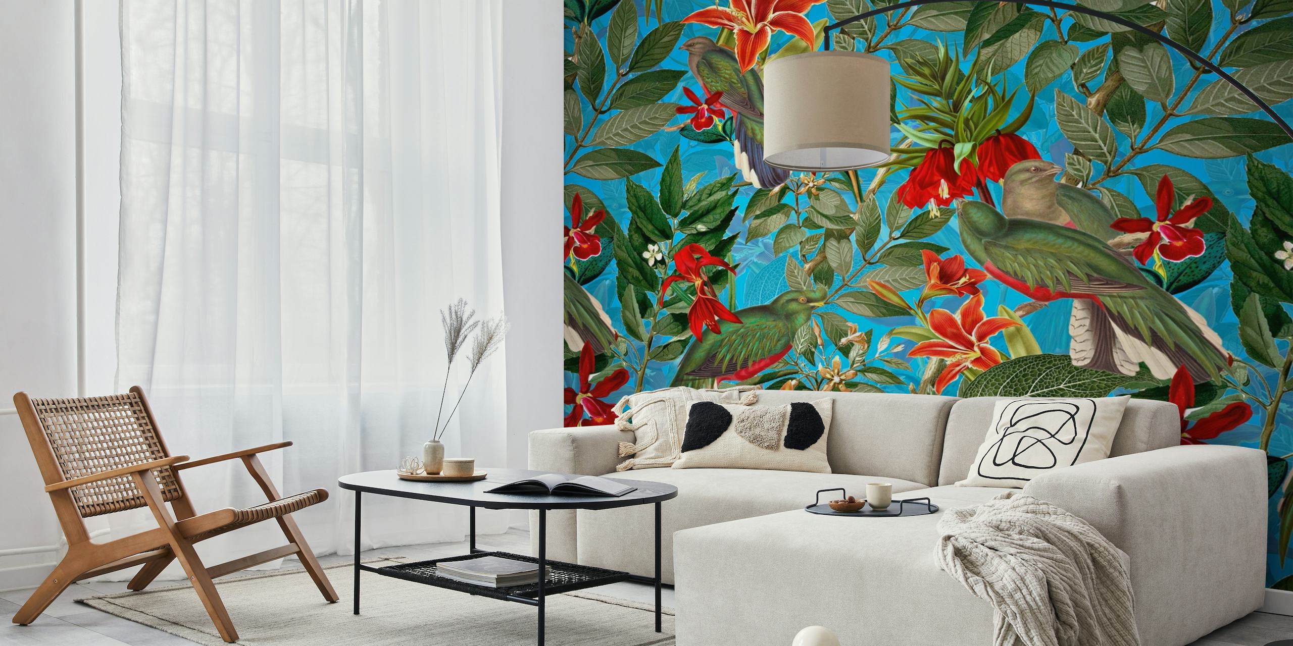 Tropical Birds in Flower Jungle wallpaper