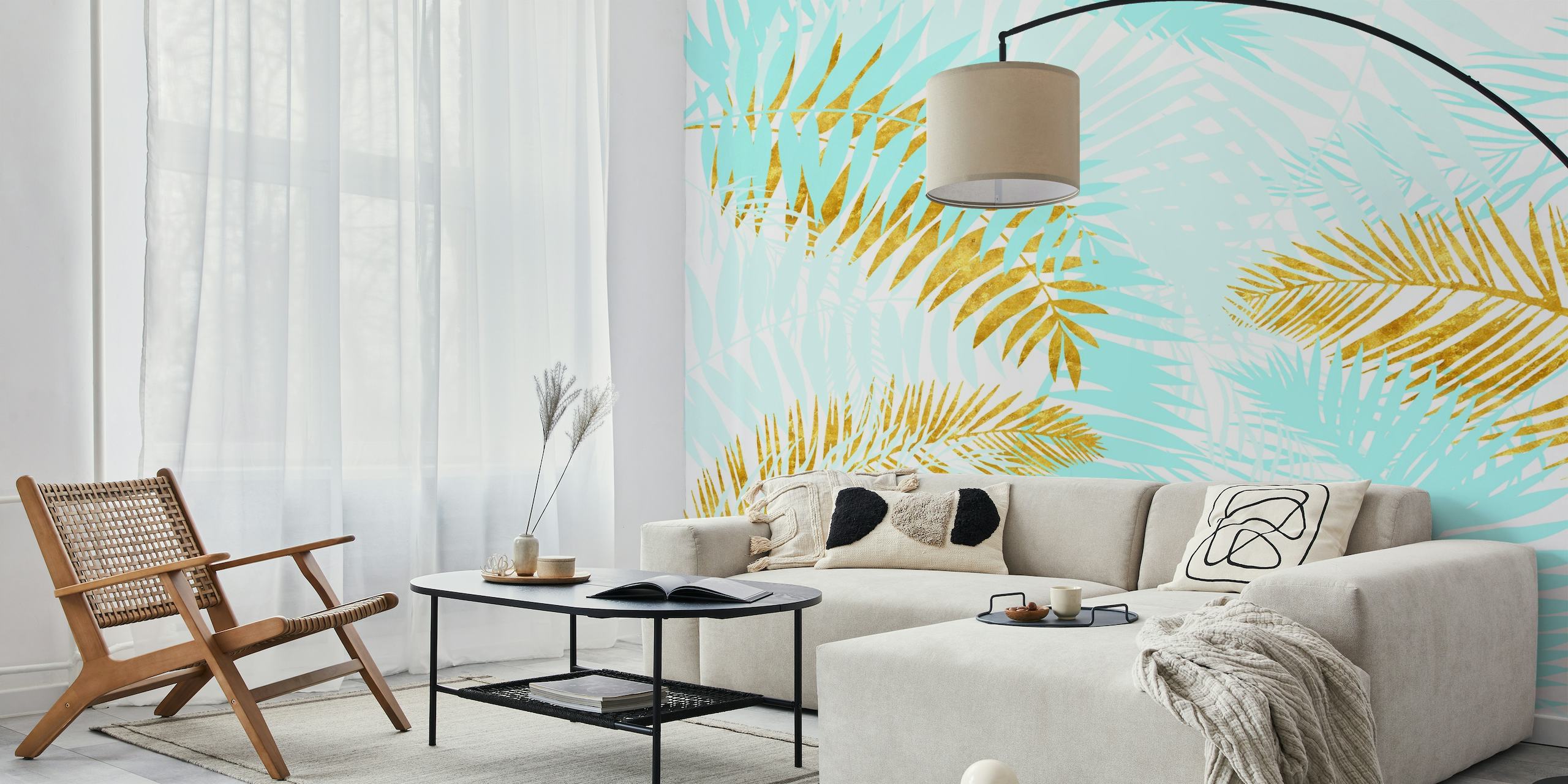 Teal and Gold Palm Leaves wall mural with golden palm fronds on a teal background